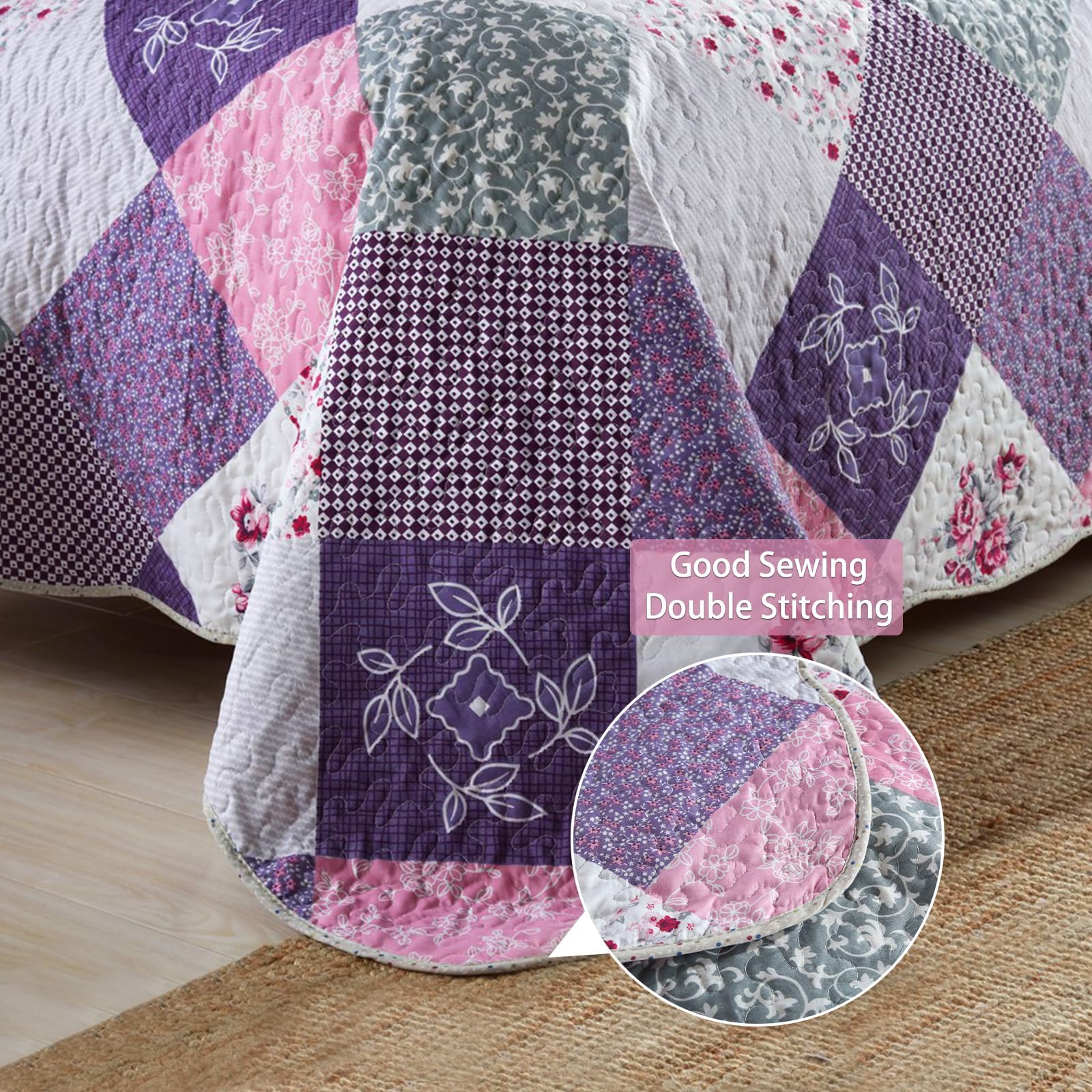 Qucover Cubrecama Patchwork para Cama 150 180,Colcha nordica bouti de piqué,Manta con Fundas de Almohada,Retazos Reversible para Matrimonio Verano King Size (Patchwork Púrpura, 230x250cm+50x70cm*2)