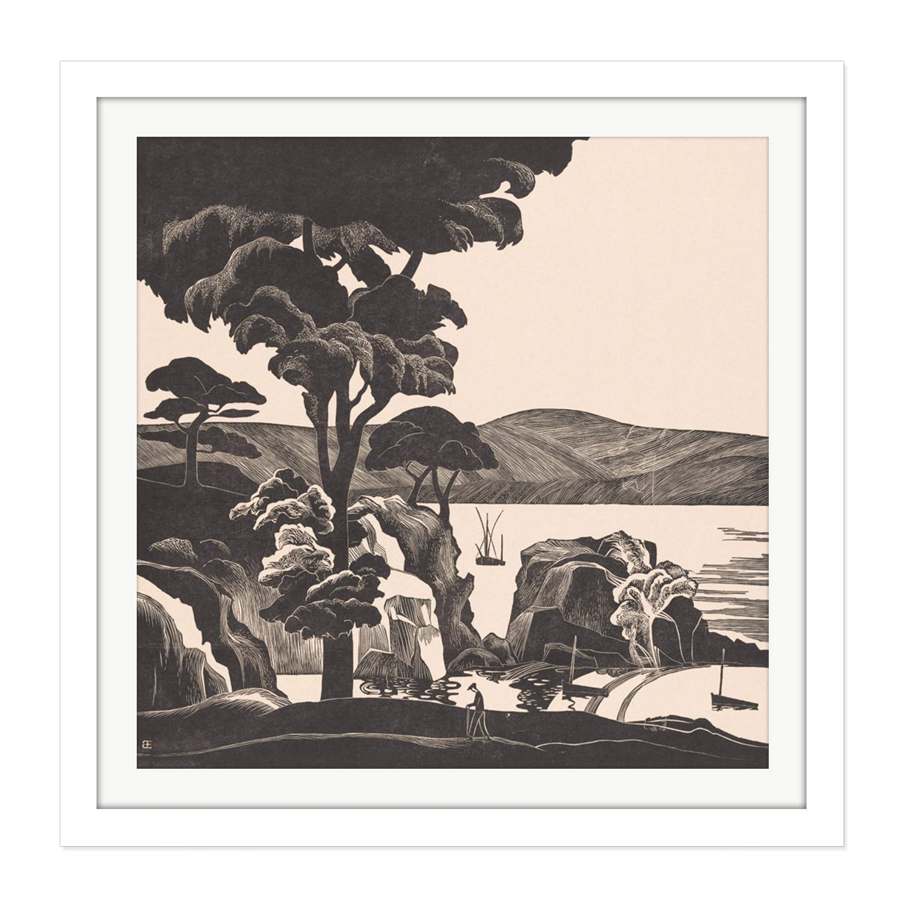 Artery8 Bernard Essers Breton Bay Trees Rocks Bw Landscape Square Wooden Framed Wall Art Print Picture 16X16 Inch