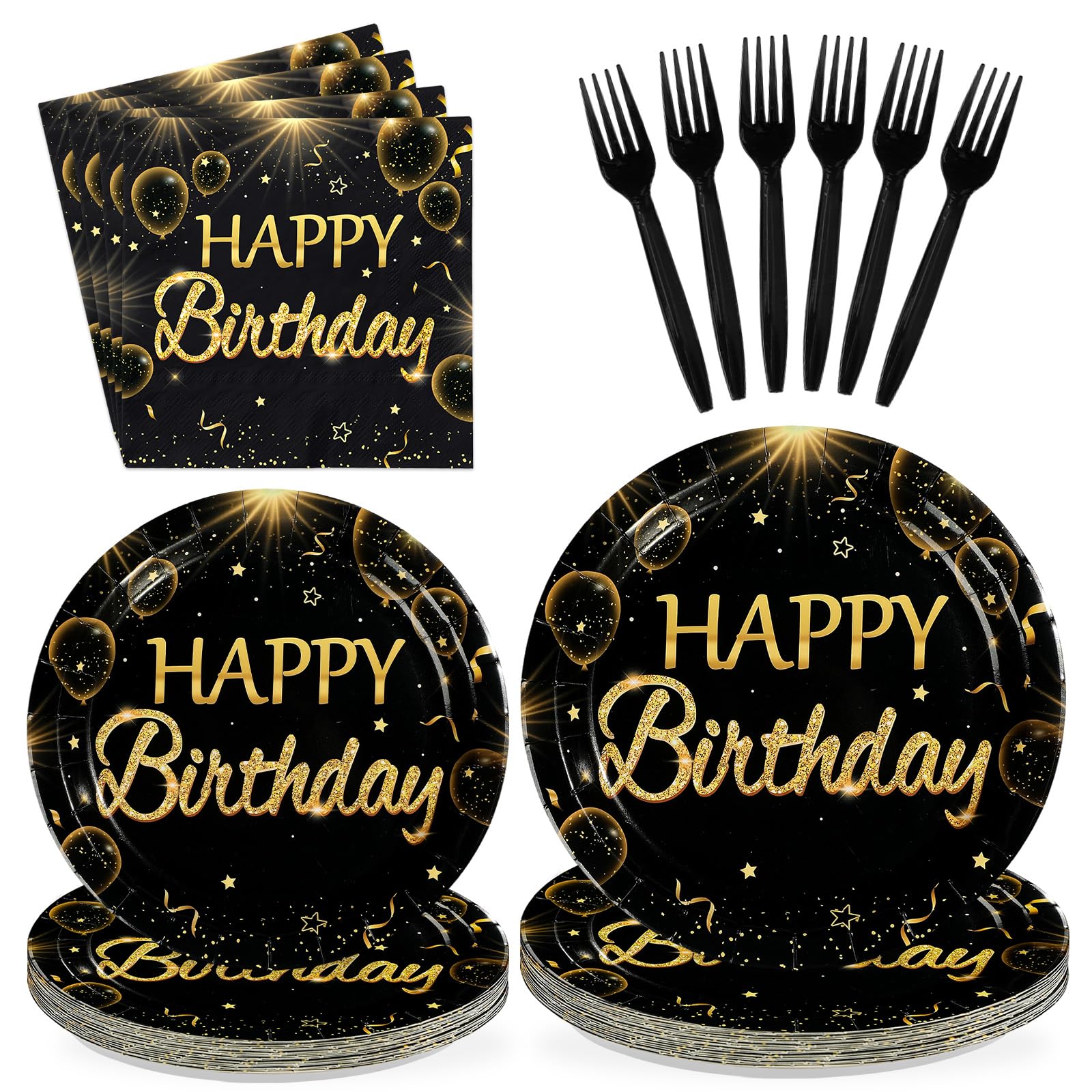 96Pcs Black Gold Happy Birthday Party Decoration Golden Glitter Star Plates and Napkins Black and Gold Theme Disposable Tableware Set for Men Women Birthday Party Supplies Serves 24