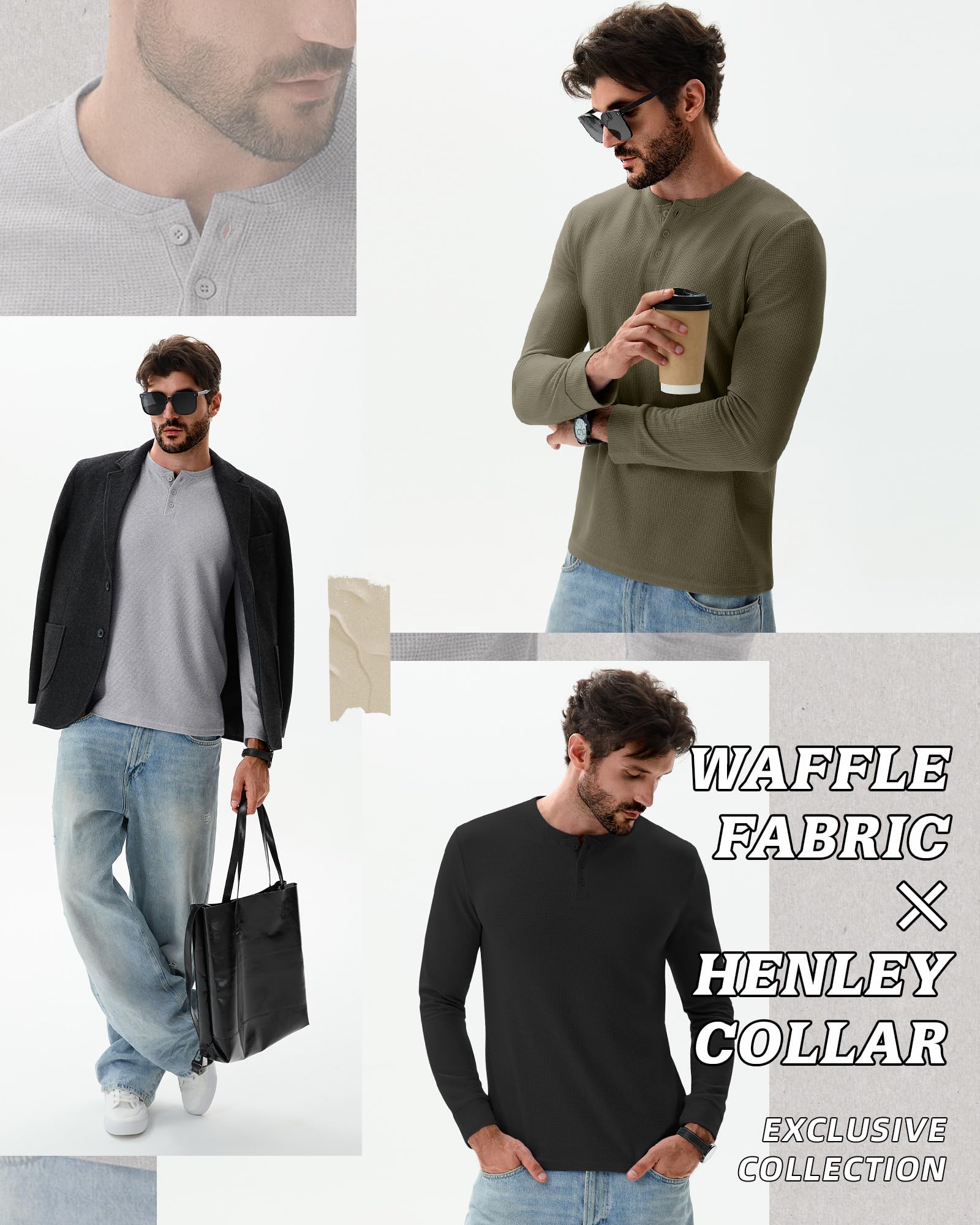 Pack de 3 Camisetas Henley de Punto Gofrado para Hombre de Manga Larga con Botones Informales Básicas de Punto Ligero