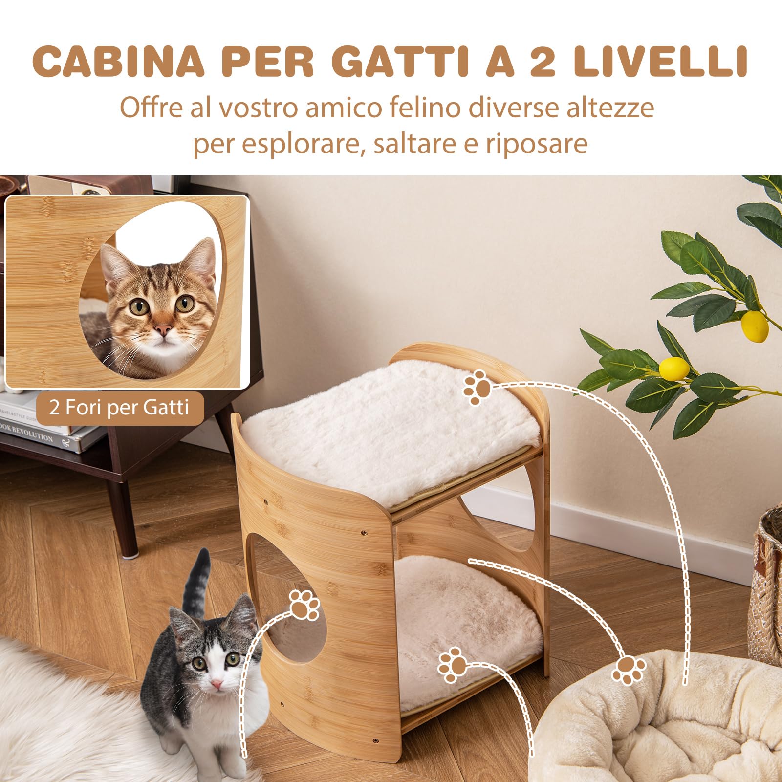 COSTWAY Letto Rialzato per Gatti, Cuccia per Gatti a 2 Livelli da Interno con Struttura in Bambù Naturale, Tappetini Morbidi Rimovibili e Lavabili, Lettino per Cuccioli