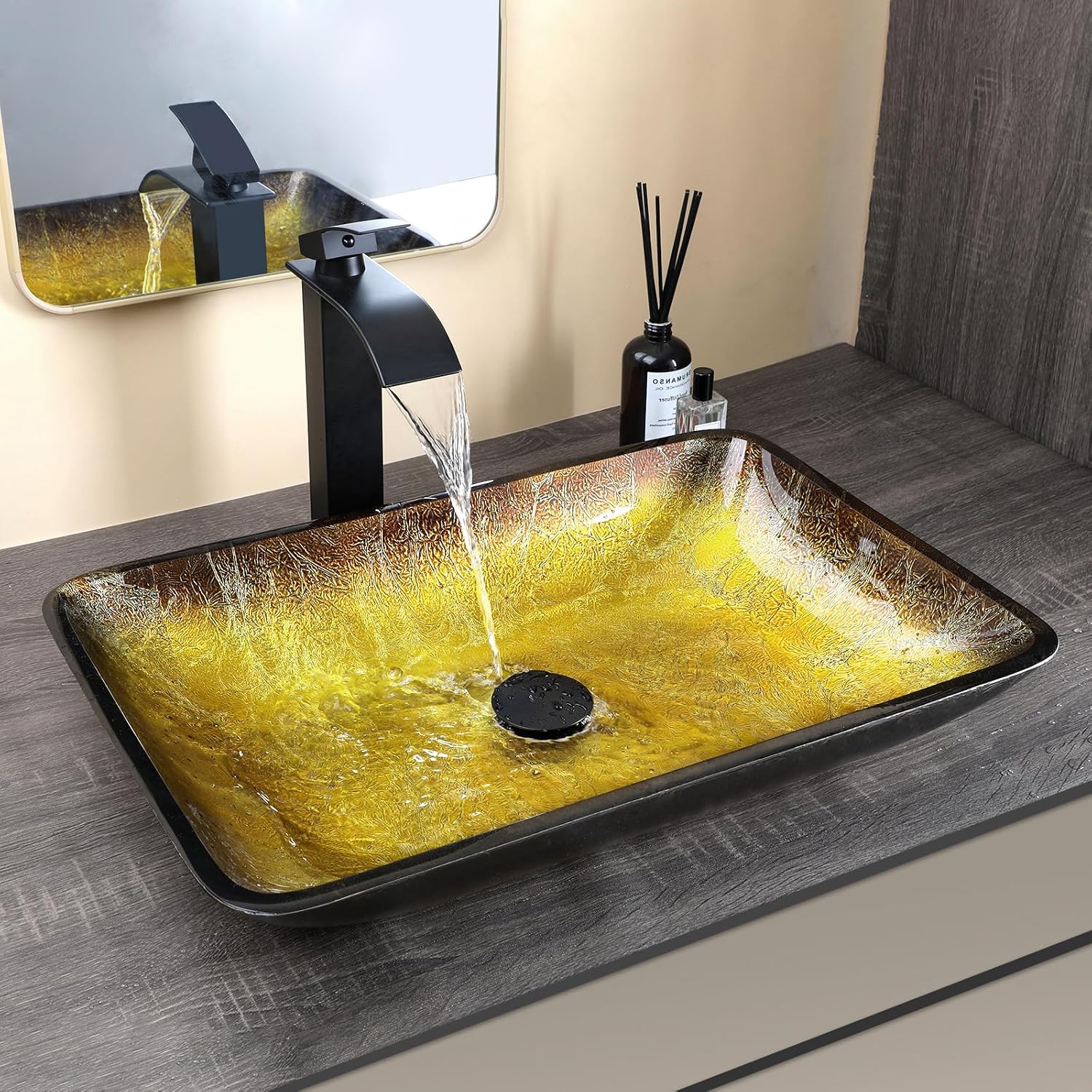 22 Inch Bathroom Vessel Sink Basin with Waterfall Faucet and Pop-Up Drain Combo,Gold Rectangular Glass Sink Bowl Above Counter Art Tempered Glass Sink with Black Rim