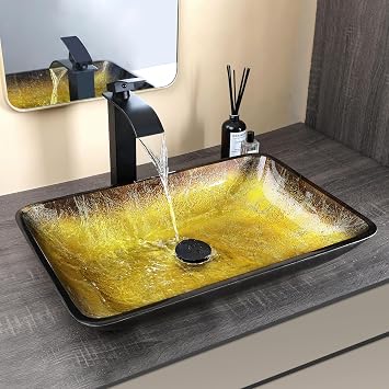 22 Inch Bathroom Vessel Sink Basin with Waterfall Faucet and Pop-Up Drain Combo,Gold Rectangular Glass Sink Bowl Above Counter Art Tempered Glass Sink with Black Rim