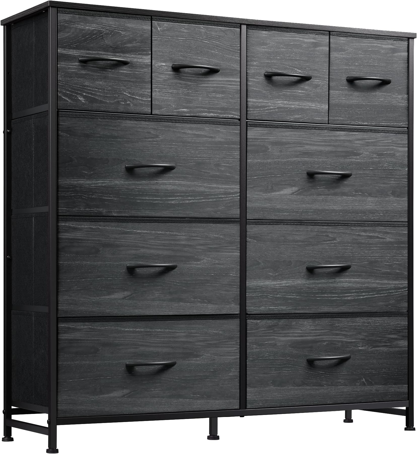 WLIVE Dresser for Bedroom with 10 Fabric Drawers, Tall Chest Organizer Units for Clothing, Closet, Storage Tower with Cabinet, Metal Frame, Wooden Top, Charcoal Black Wood Grain Print
