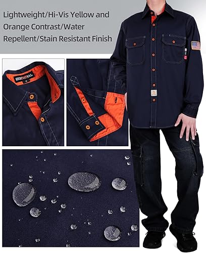 Miniatura 2 de BOCOMAL Camisas FR para hombre, resistentes al fuego, peso ligero, NFPA2112, camisa de soldadura ignífuga, acabado repelente al agua y al aceite