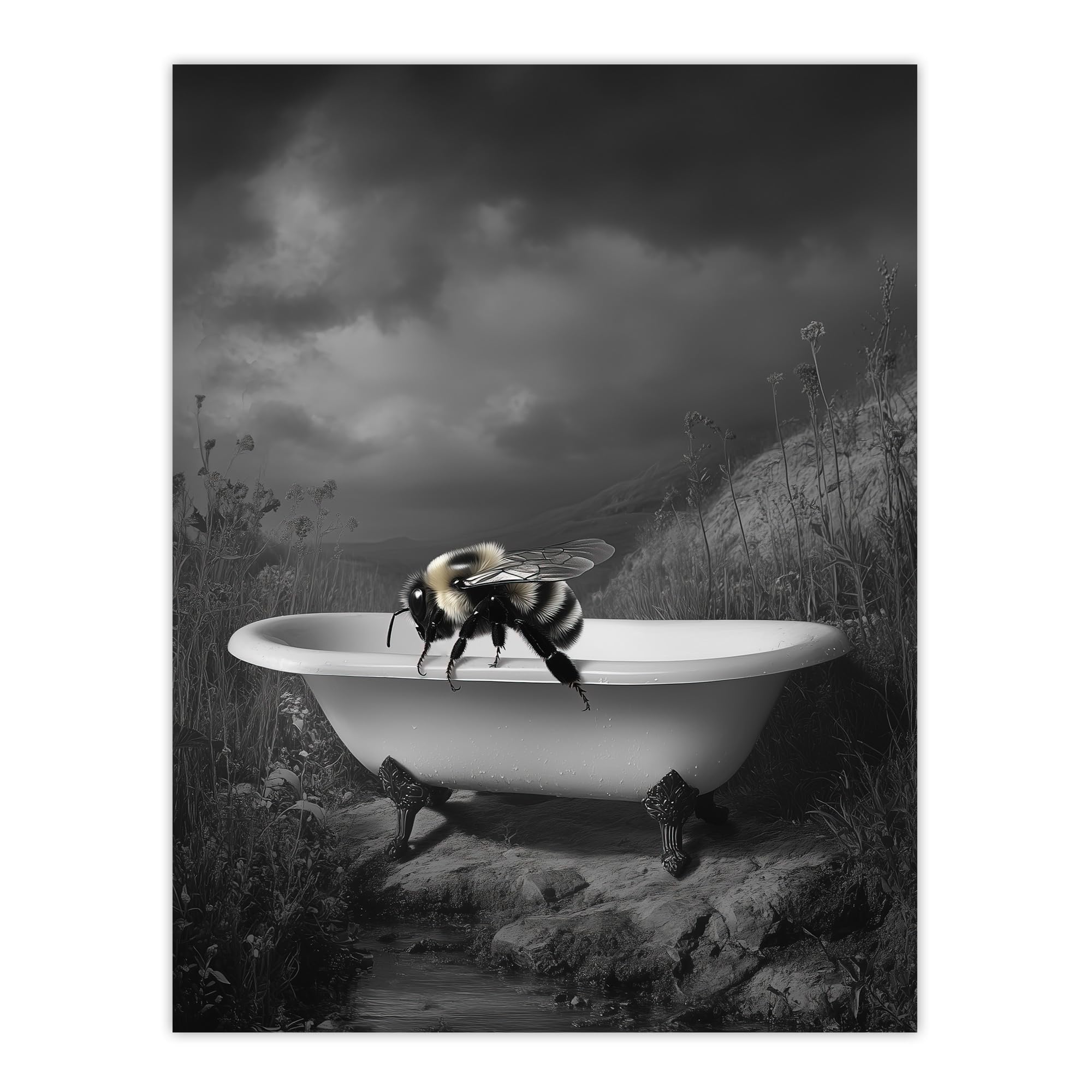 Bumblebee Riverbank Bathtub Black White Surreal Wall Art Poster Print