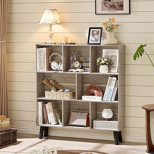 Miniatura 106 de LEYAOYAO Estantería de 10 cubos, estantería ancha moderna de 3 niveles con patas, estantería de madera de mediados de siglo, estuche grande rosa,