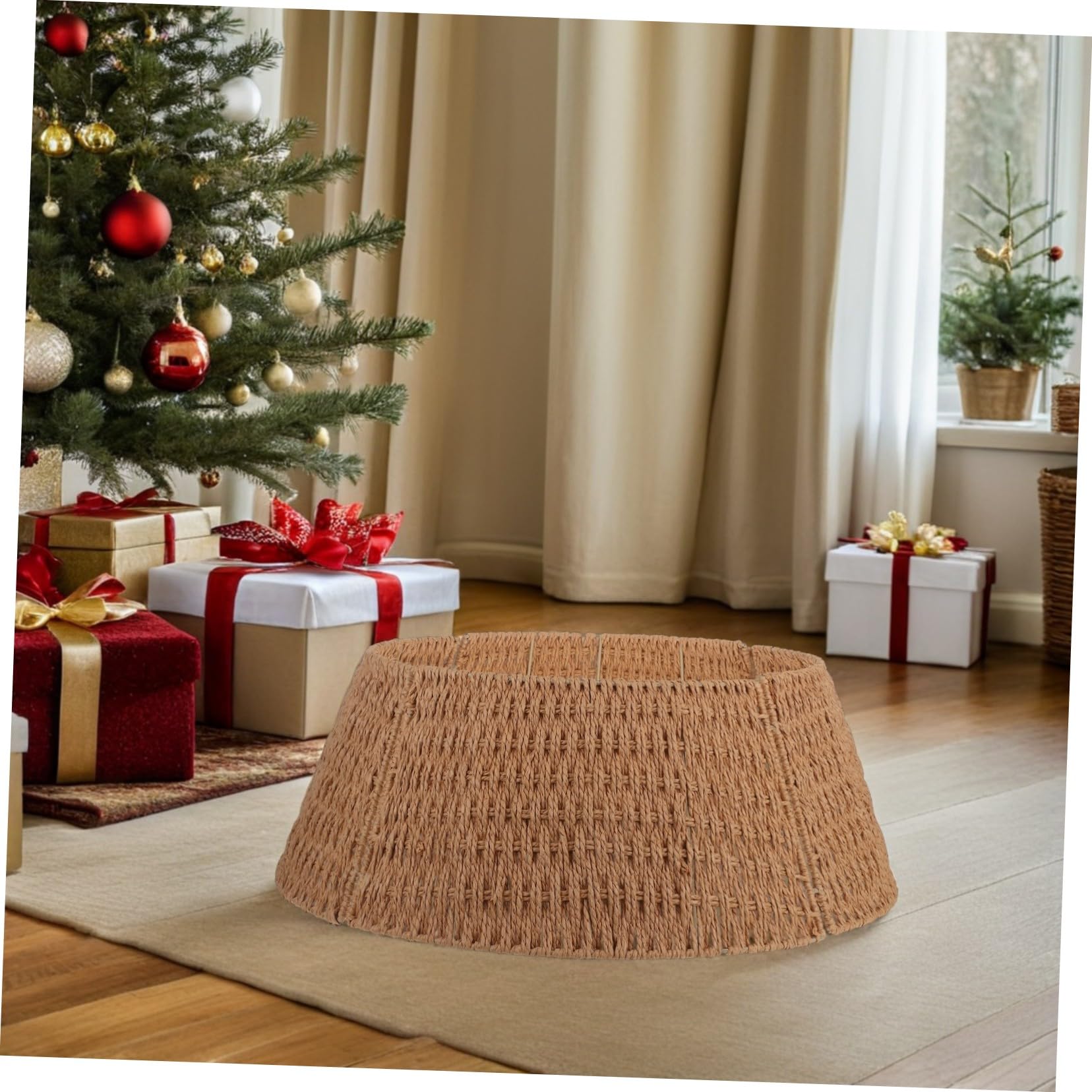 Collar Base Árbol Navidad Desmontable Falda Rústica Cuerda Papel Soporte Cesta para Árbol Artificial Decoración Navideña Farmhouse