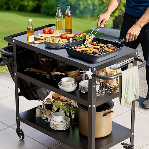 Miniatura 5 de Xilingol Carrito de parrilla al aire libre, mesa de soporte para horno de pizza con ruedas para patio exterior, mesa de preparación de cocina al