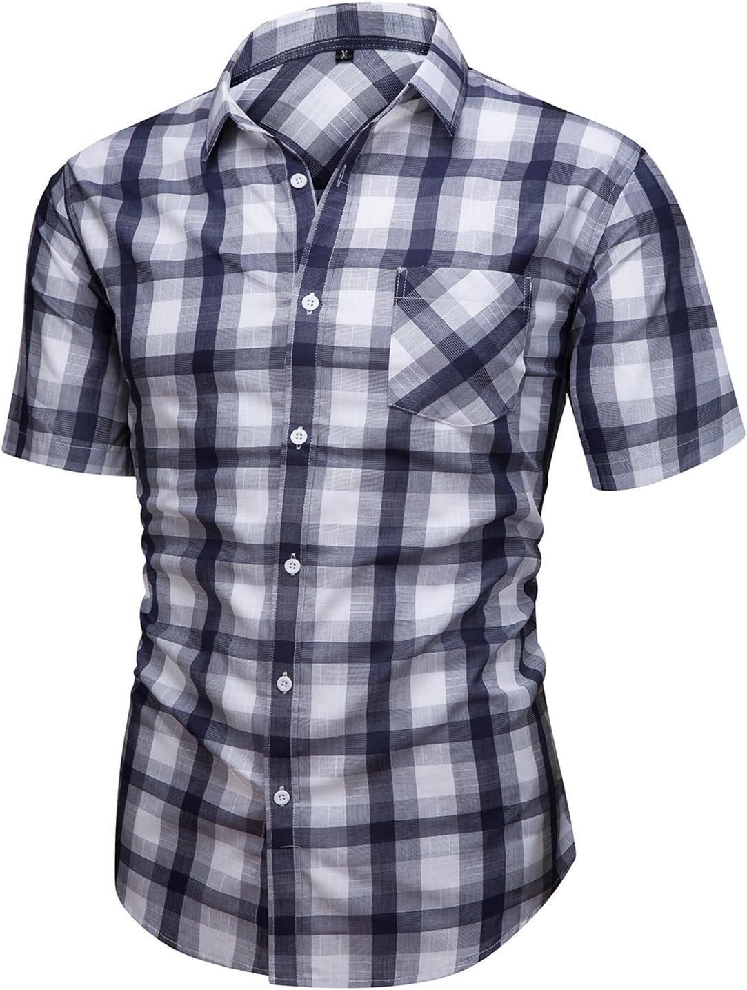 Men's Casual Cotton Short Sleeve Plaid Western Button Down Dress Shirts Blue Large