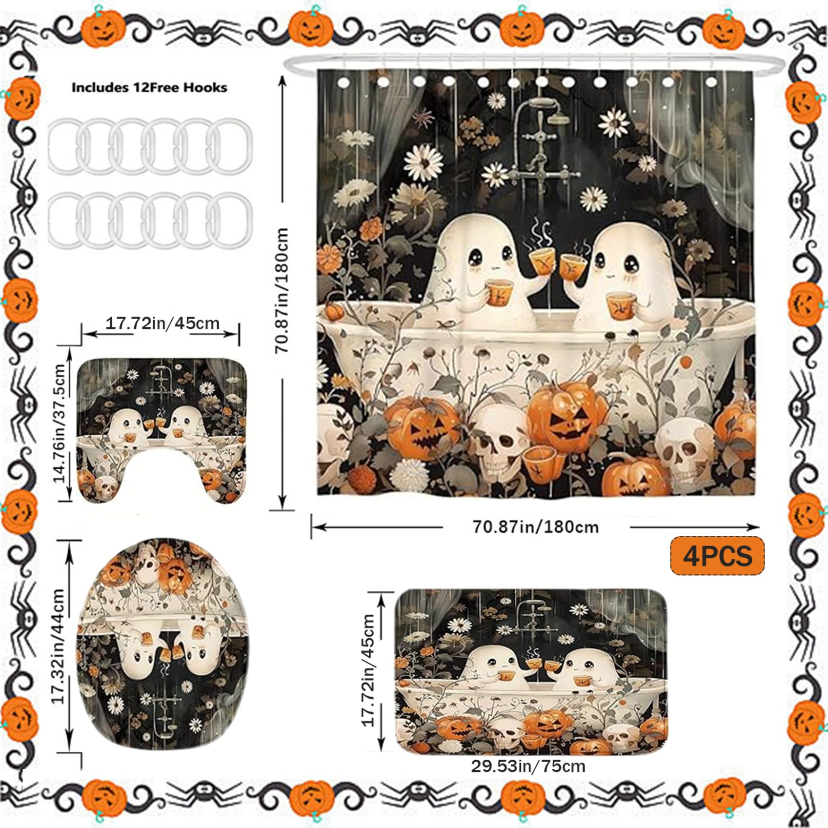 Ensemble de Rideaux de Douche d'halloween 4 PCS Ensemble Salle Bain Halloween imperméable avec Motifs effrayants Rideau Douche, Couvercle Toilette, Tapis Bain et Tapis en Forme U po