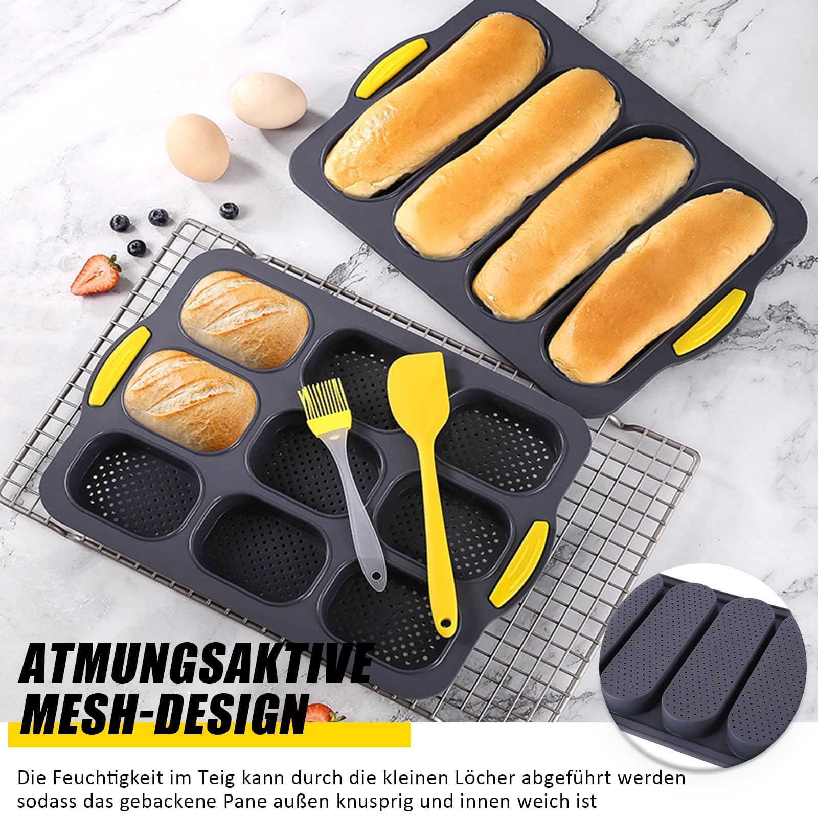 Stampo per Baguette, 2 Pezzi Stampo per Baguette in Silicone Antiaderente, Stampo per Panini, Stampi per Baguette, con Taglierina e Pennello in Silicone, per Cuocere il Pane in Cucina, Grigio