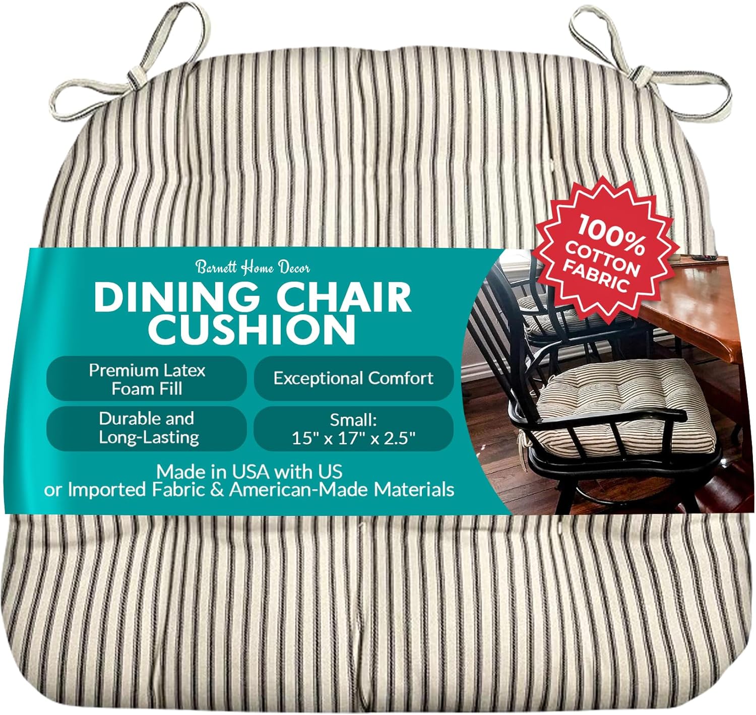 Barnett Home Decor Ticking Stripe Black Dining Chair Pad with Ties - 17" x 15" Size Small Chair Cushion - Latex Foam Fill - Machine Washable, Reversible, 100% Cotton, Made in USA