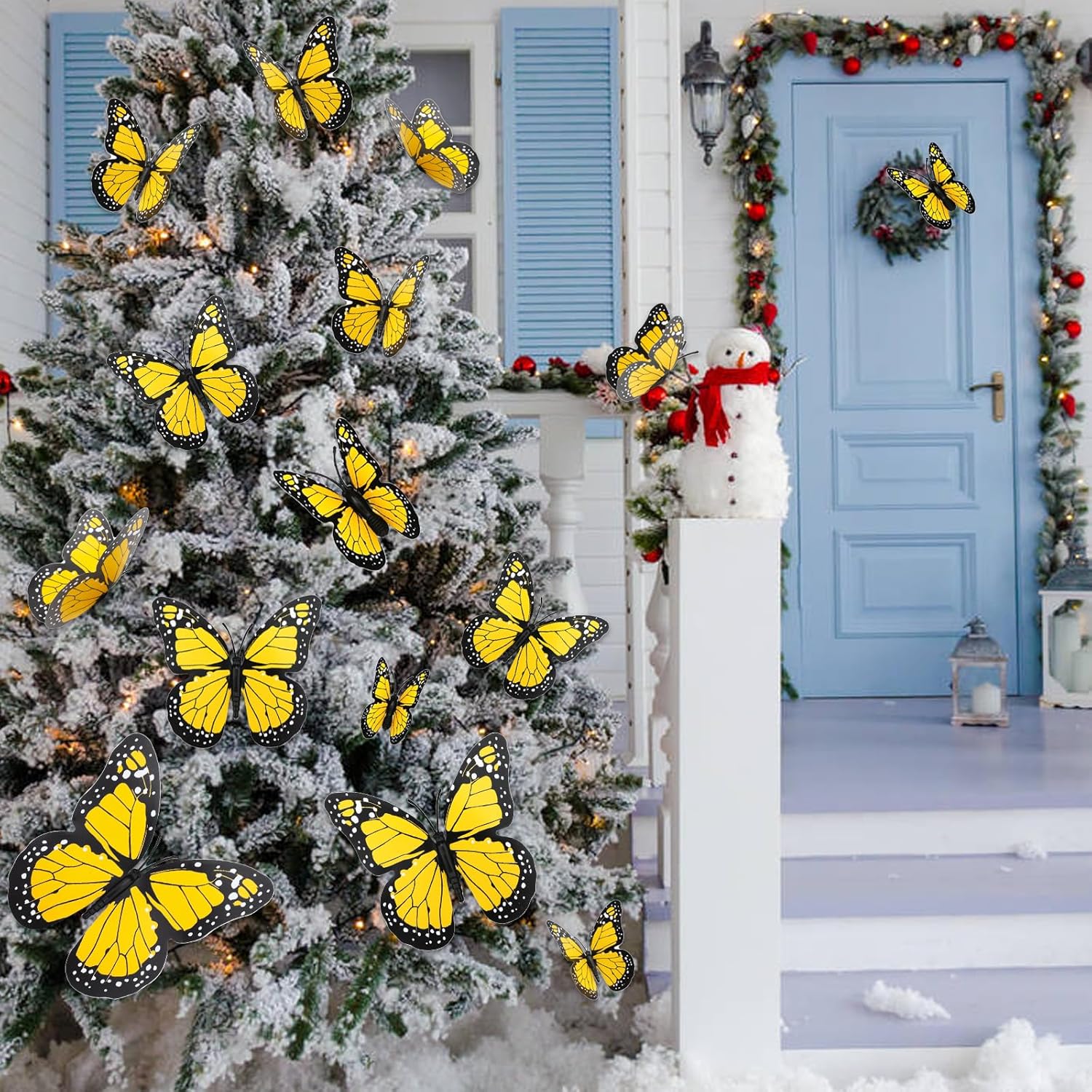 48 Yellow Monarch Butterfly Decor, 3D Butterfly Sticker Stakes Garden Decoration 4 Sizes Fake Butterflies Wall Decal for Home Wedding Party Christmas Decorations