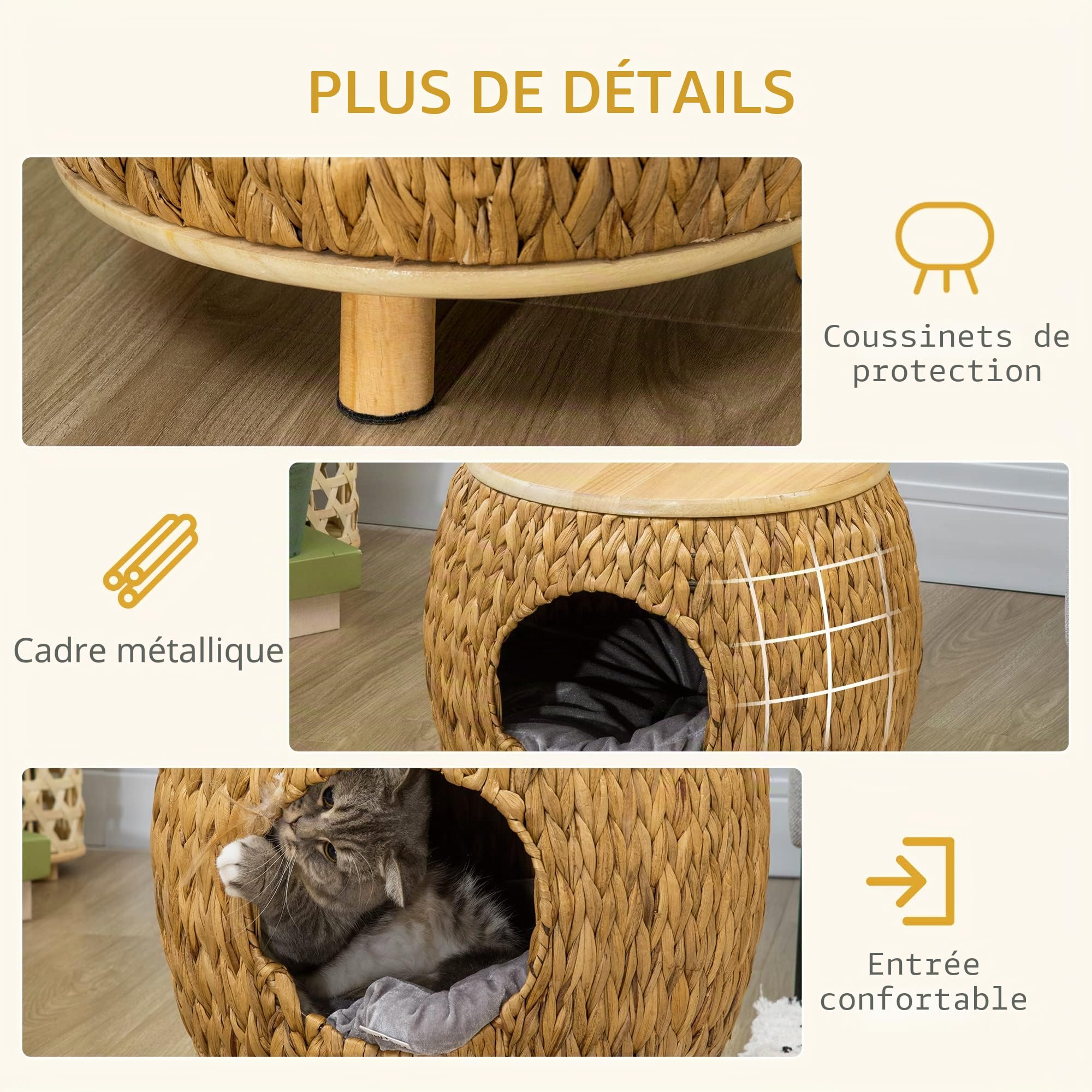 PawHut Grotte chat rotin avec coussin 44x43x42 cm Marron clair+gris