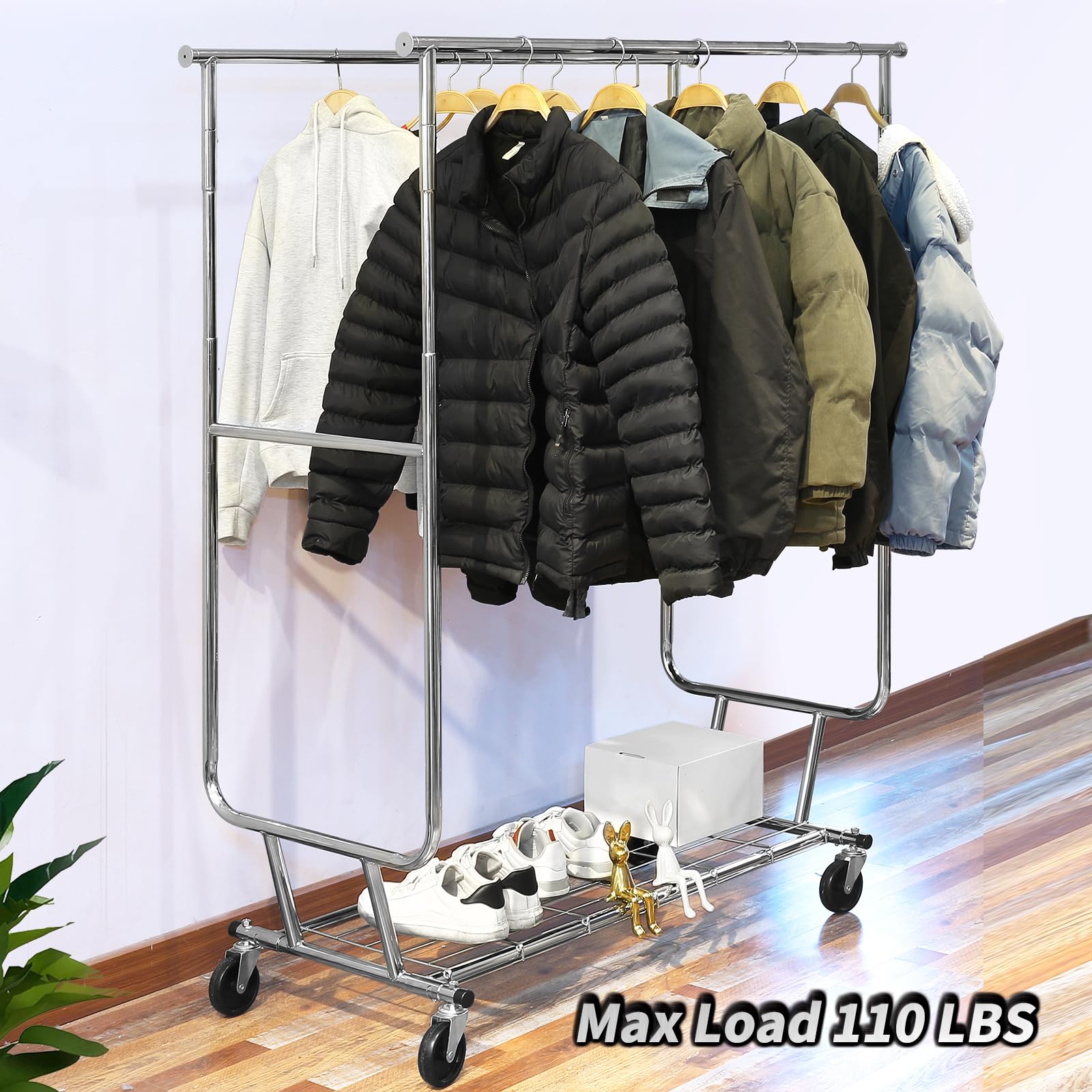 YJTTSMUL Double Rod Clothes Rack, Heavy Duty Rolling Clothing Rack With Shelves, Double Rod Clothing Racks for Hanging Clothes & Bags, Portable & Adjustable Clothes Rack with Wheels Garment Rack