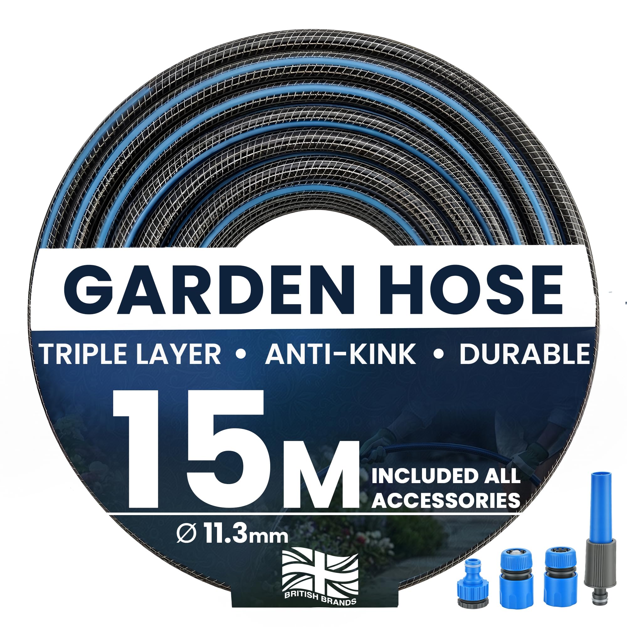 My Garden Hose Pipe 15m – Anti Kink Hosepipe Inc 4 Connectors - 11.3mm Dia - Durable Triple Layer Water Hose with Spray Nozzle – Weather Resistant Kink Free Hose Ideal for Home & Garden