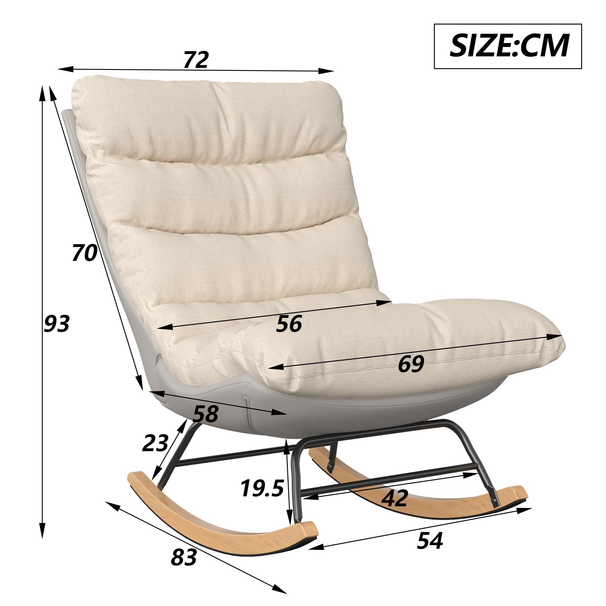 Fotel bujany, fotel do karmienia, z regulowanym oparciem, nogi z litego drewna, fotel do czytania, fotel do karmienia piersią, do sypialni, salonu (ADCR-079 72x93x83cm)
