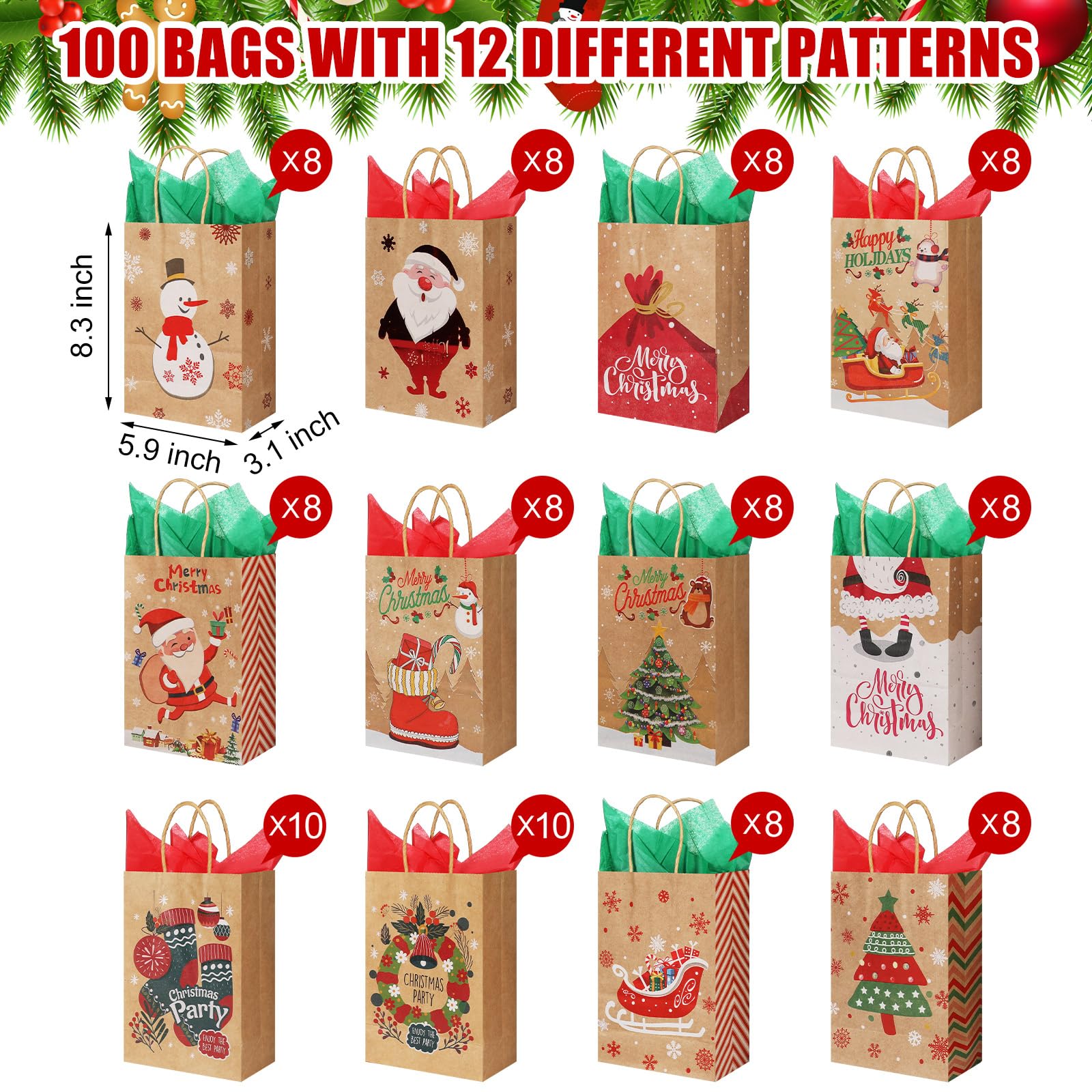 Cholemy 100 bolsas de regalo de Navidad con varios estampados de Navidad, bolsas de regalo de Navidad con asas, bolsas de papel de regalo de Navidad para envolver vacaciones de Navidad (estilo fresco,