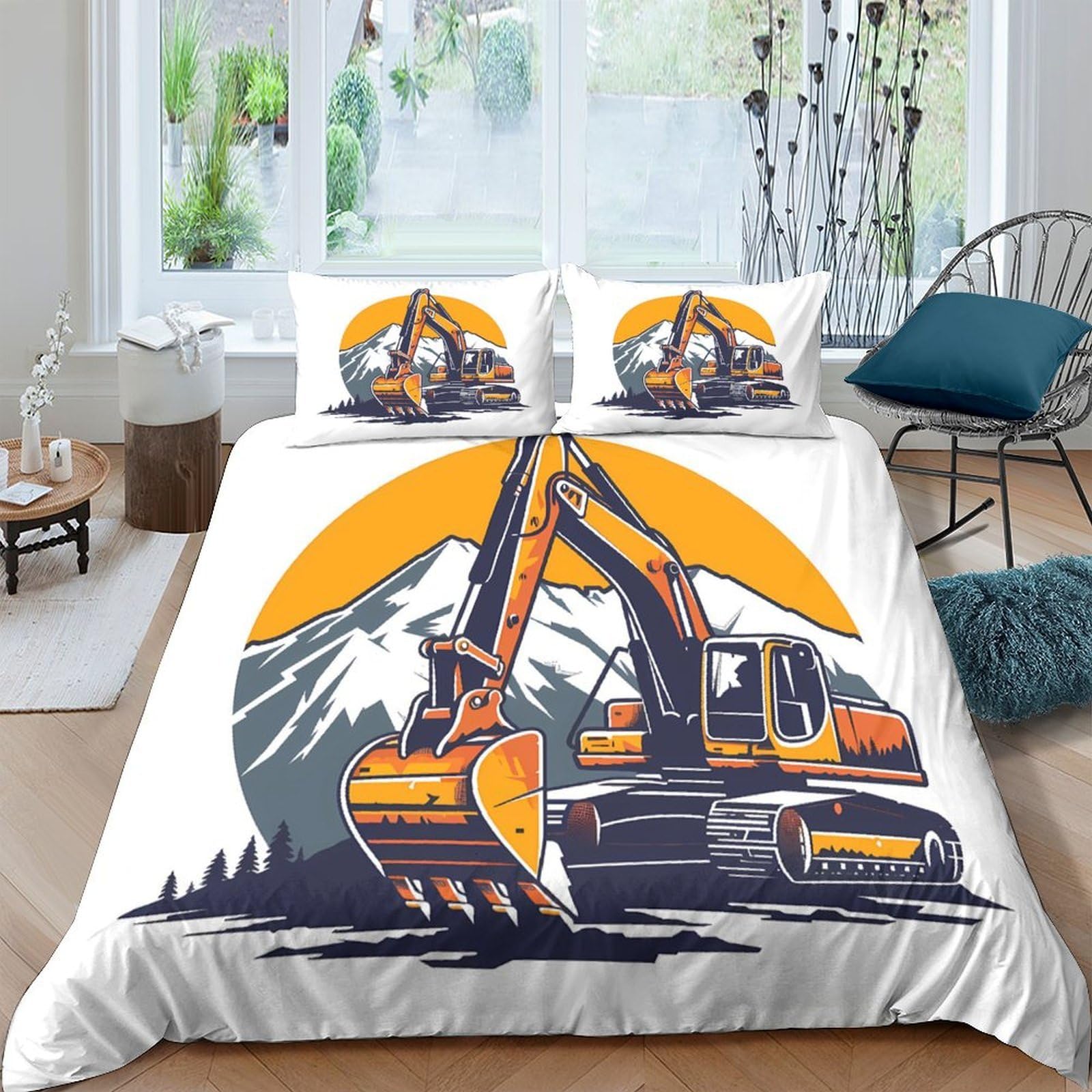 Baggermaschine 3-teiliges Pflegeleichtes Polyester industrielle Illustration Stil Kinderbettwäscheset, 2 Kissenbezug, Unsichtbarer Reißverschluss, Babysicher & Gifffrei King（220x240cm）