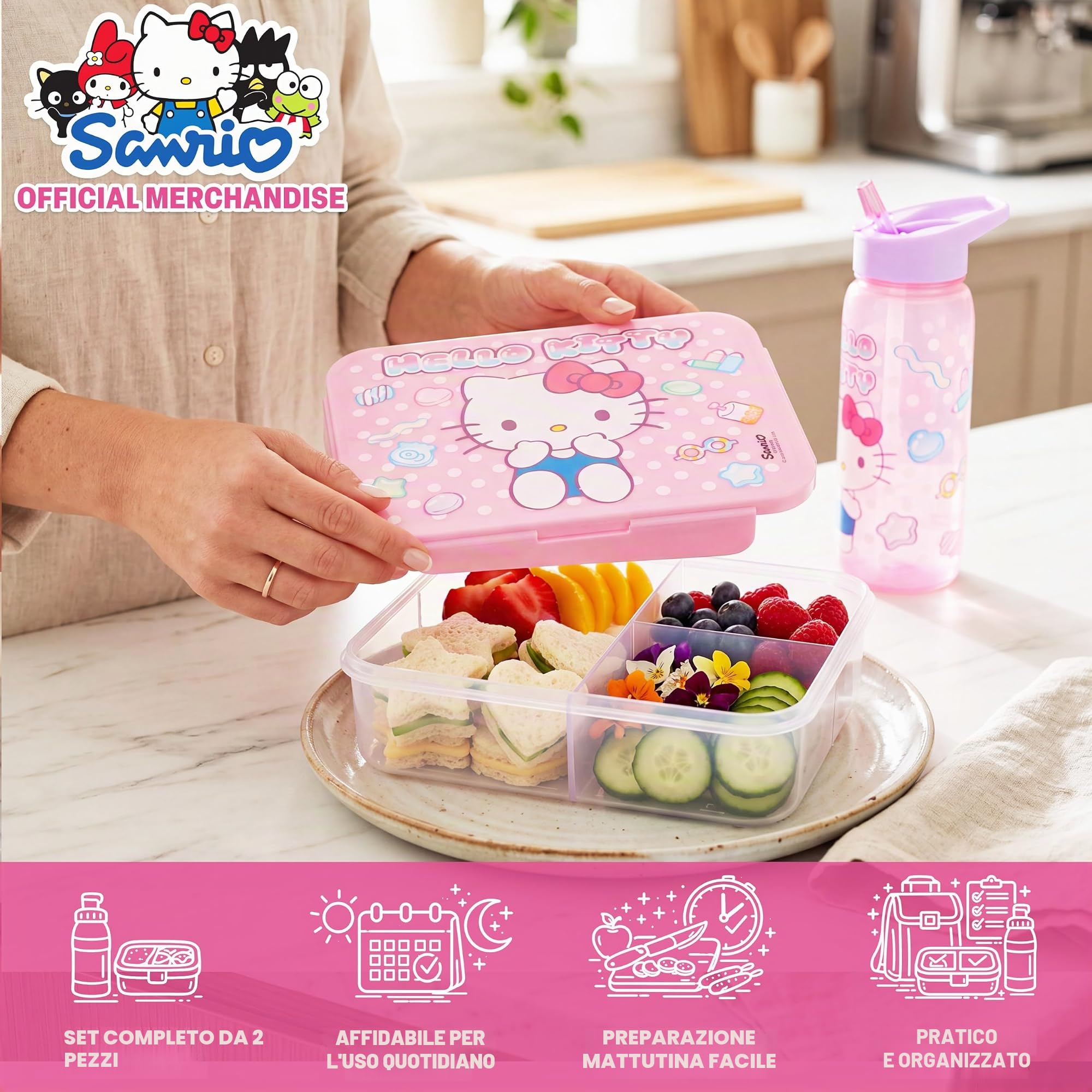 Get Trend Hello Kitty Porta Pranzo Bambini, Set 2 Pezzi con Senza BPA Bento Box 3 Scomparti e Borraccia Coperchio Apribile con Cannuccia 640 ml, Scuola Idea Regalo (Rosa Hello Kitty)