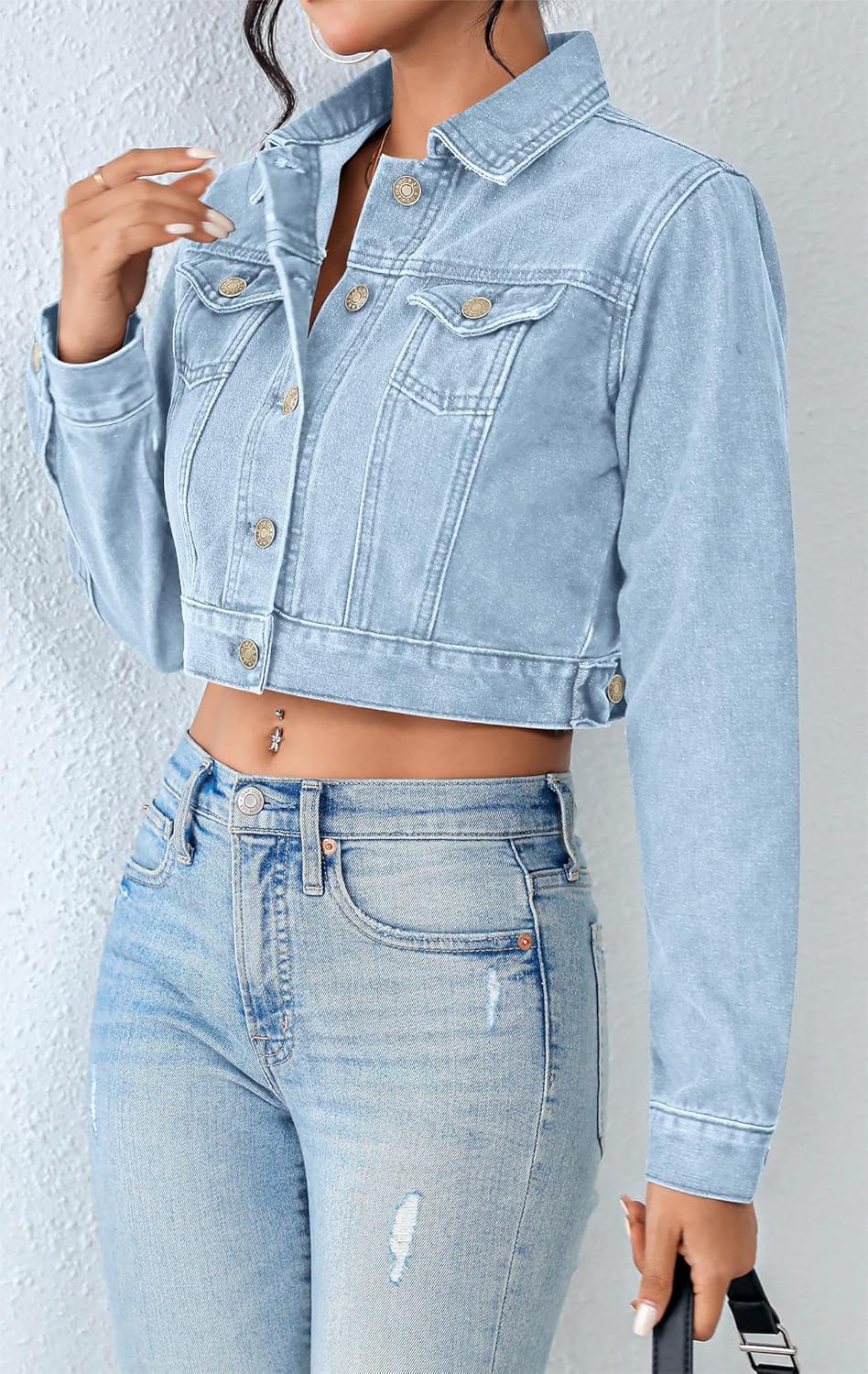 Grabsa Women's Button Down Long Sleeve Cropped Denim Jean Jacket with Pockets - Image 3