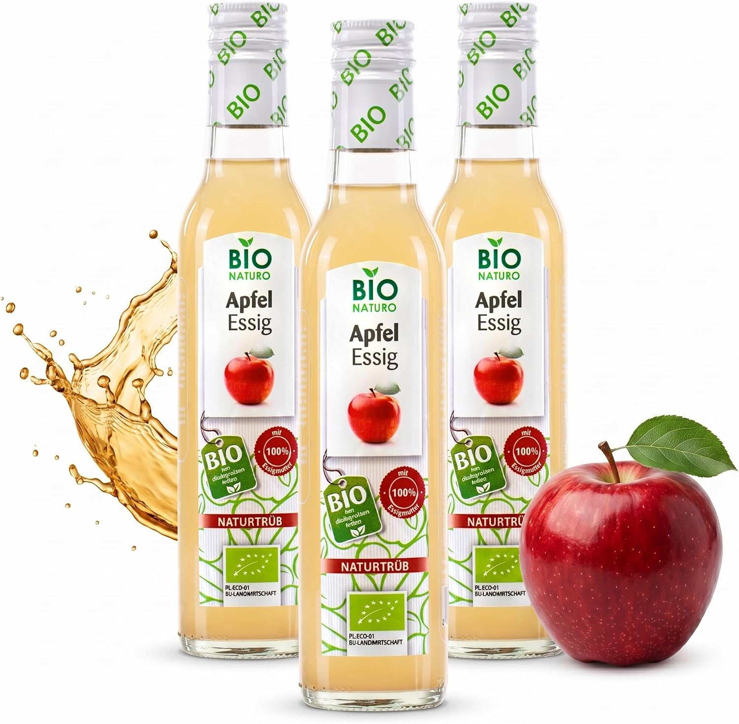 BioNaturo - Bio ocet jabłkowy naturalny mętny 3 x 250 ml niefiltrowany z matką octu idealny do sałatek sosów i korzyści zdrowotnych