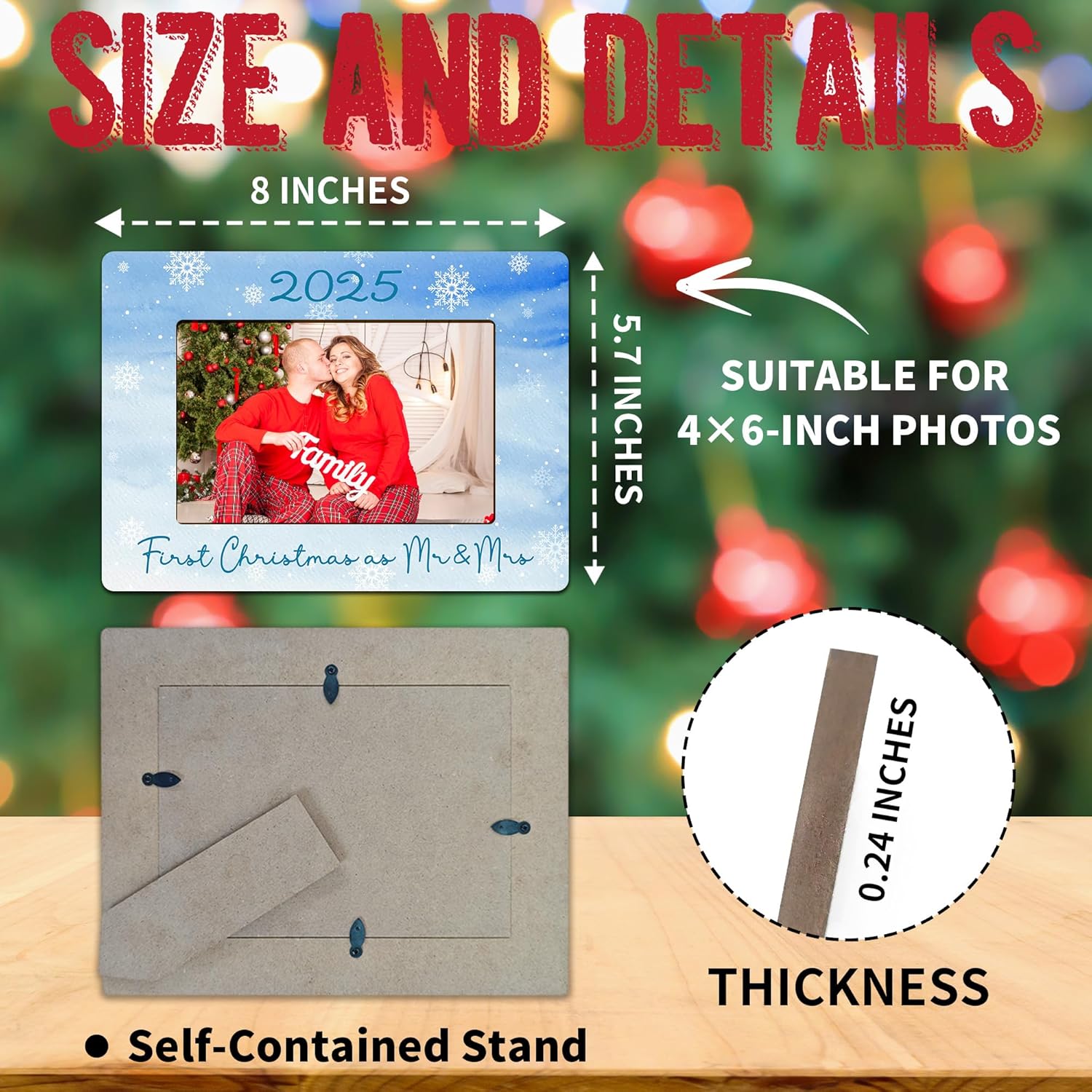 2025 christmas picture frame - first christmas as mr & mrs - 4"x6" family wooden photo picture frame - xmas gifts for family friends, winter decorations for home office table top display - a07
