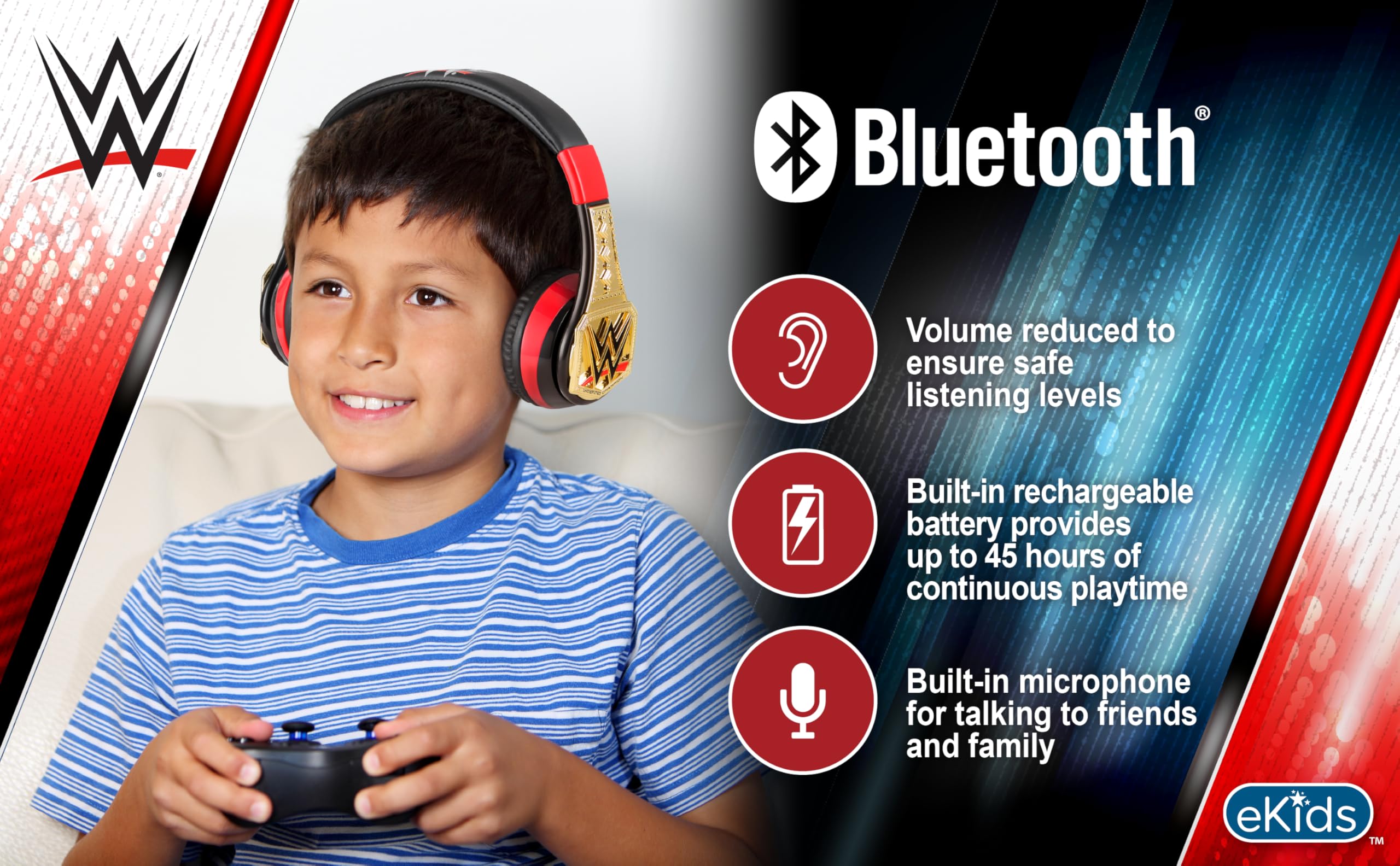 eKids WWE - Auriculares Bluetooth inalámbricos con micrófono, incluye cable auxiliar, auriculares para niños para escuela, hogar o viajes
