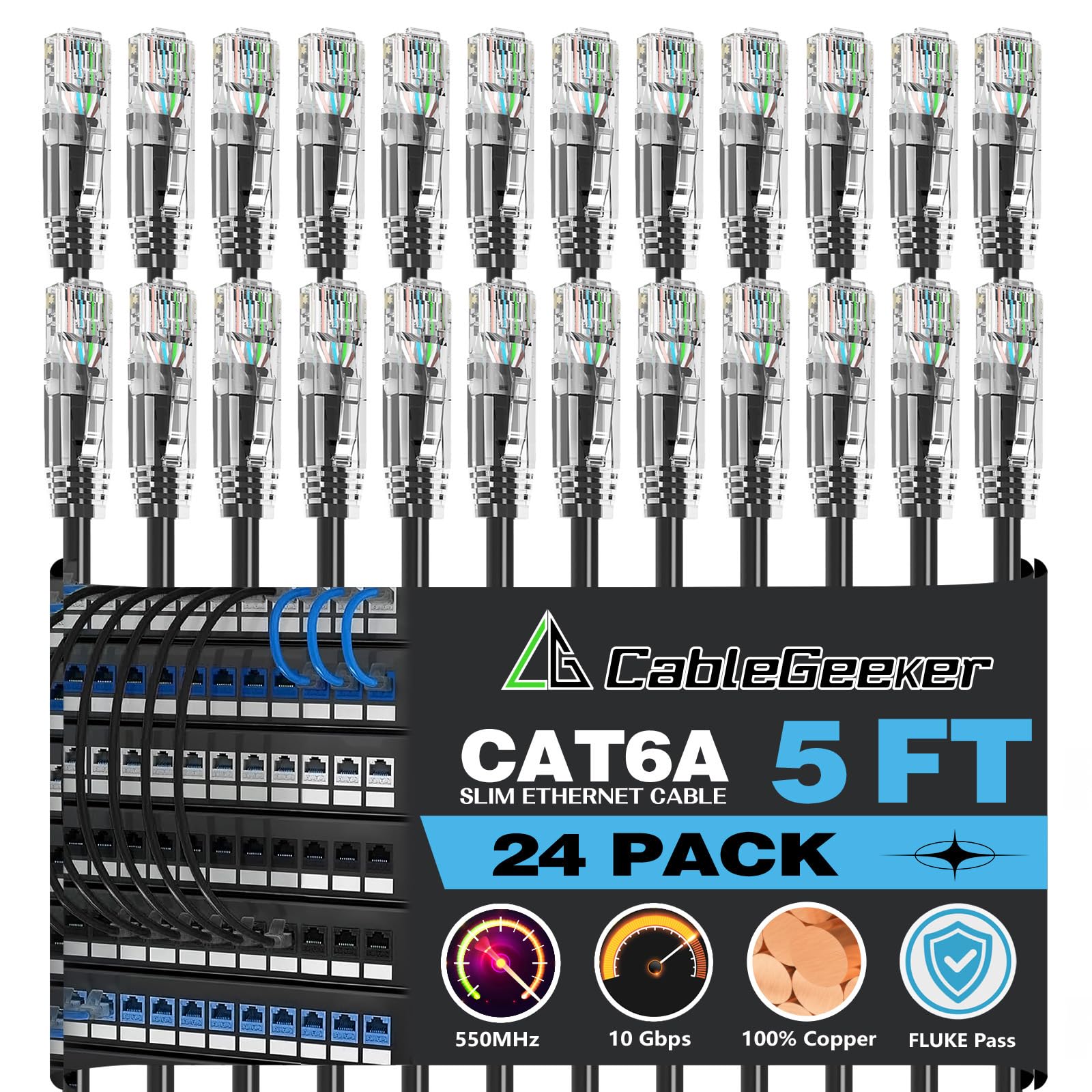CableGeeker Cavi patch Ethernet slim Cat 6A, 1,5 m, confezione da 24, nero | Rame puro da 28 AWG, 10 Gbps/550 MHz, RJ45 antigroviglio, design flessibile ultra sottile per switch, patch panel e rack