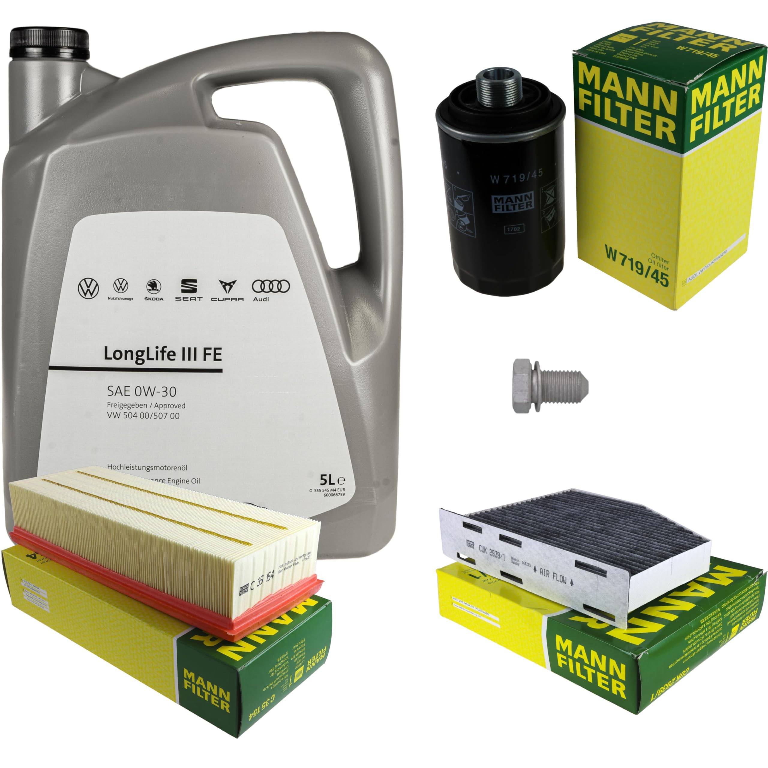 Pacchetto di ispezione pacchetto di manutenzione filtro con 5 l 0W-30 olio motore LongLife 3 FE, filtro dell'olio, filtro dell'aria abitacolo (carbone attivo) vite di scarico dell'olio
