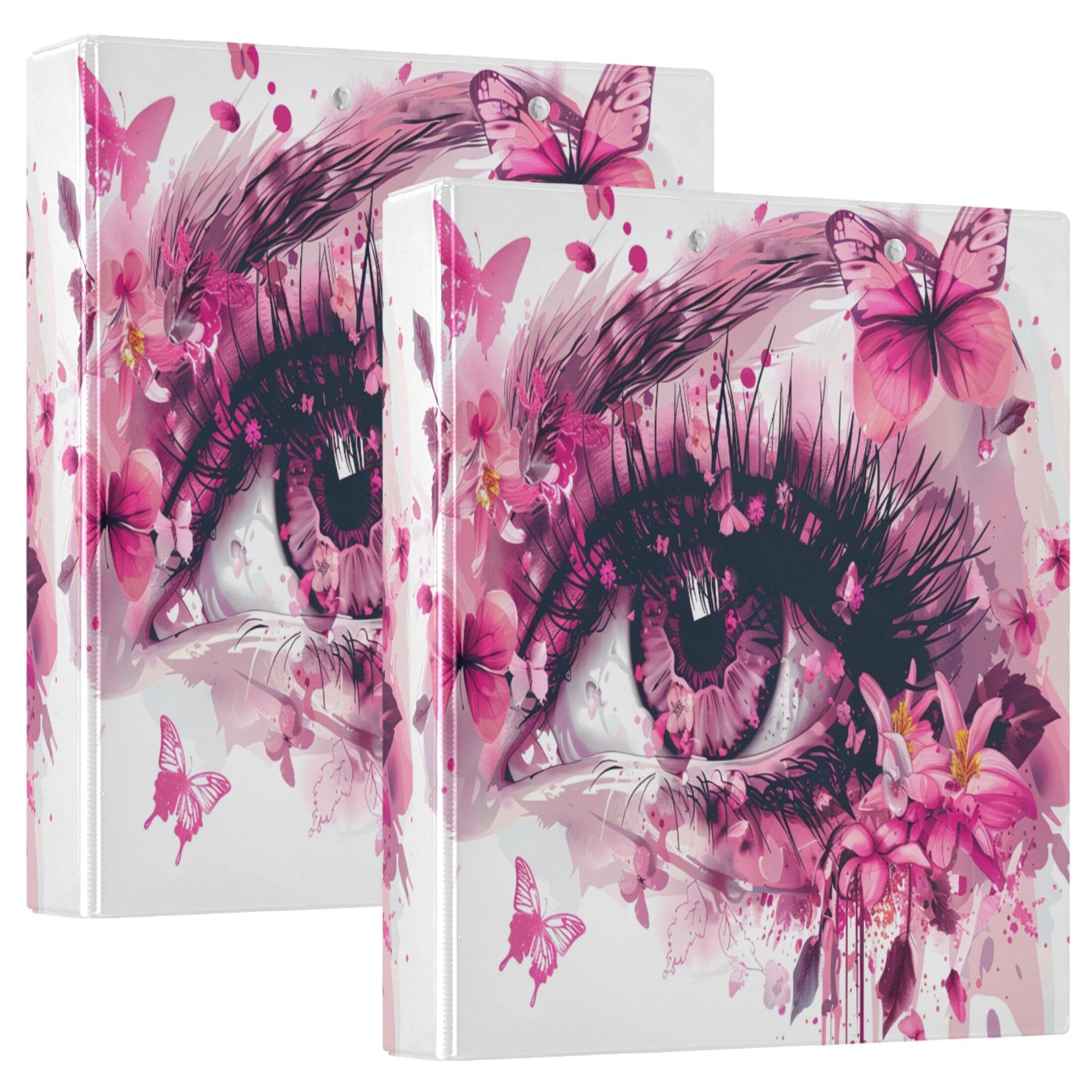 Ordner mit Schmetterlings-Augen, rosa Blumen, 3,8 cm, 3 Ringe, für 200 Blatt, moderne Notizbuchordner, runder Ring, Rezeptbuch, 31,5 x 27 x 6 cm, 1 Packung