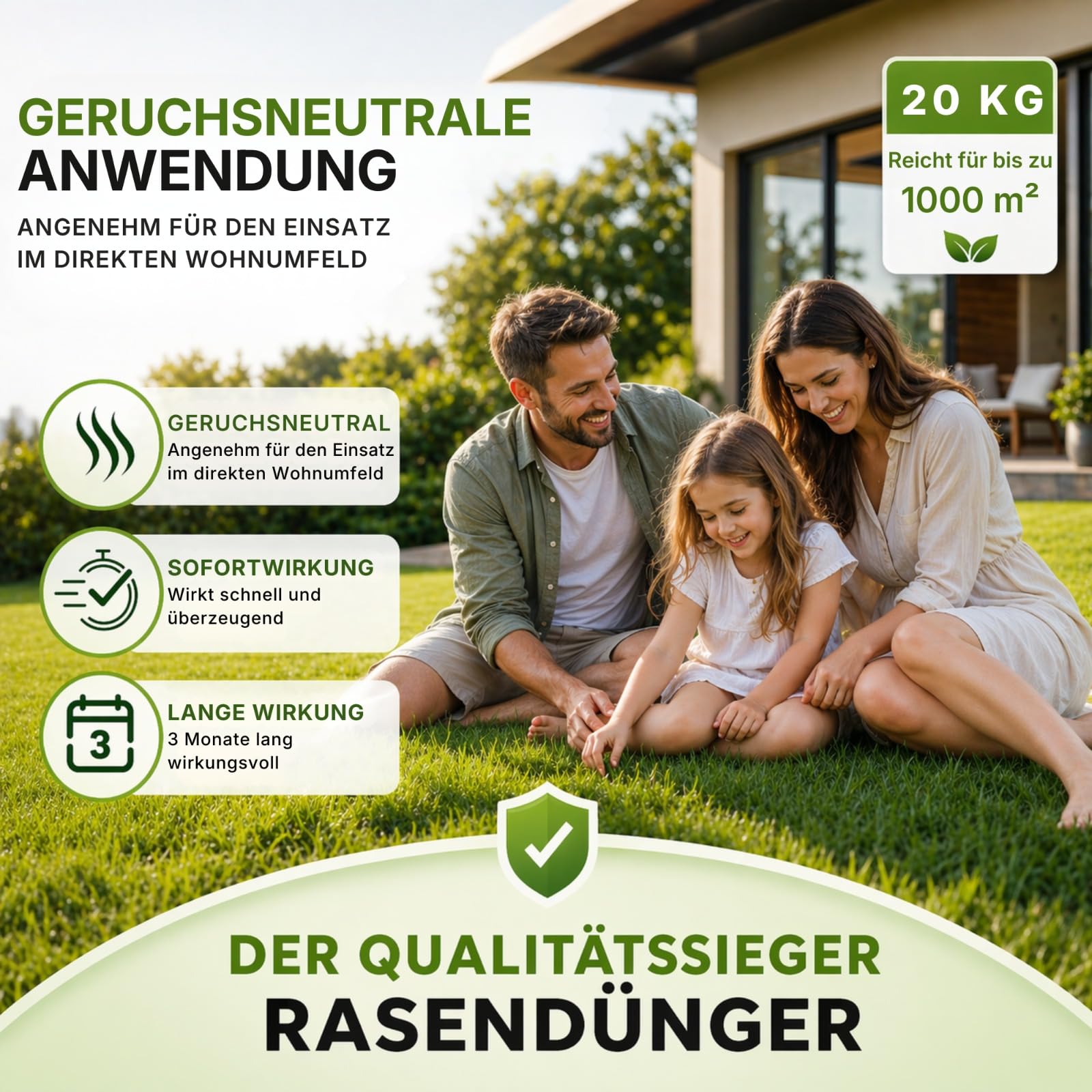 Rasendünger Frühjahr/Sommer | mineralisch-organischer Langzeitdünger | geruchsneutral | für dichten, grünen Rasen | schnelle Wirkung & nachhaltige Bodenpflege (20 KG bis 1000 m²)