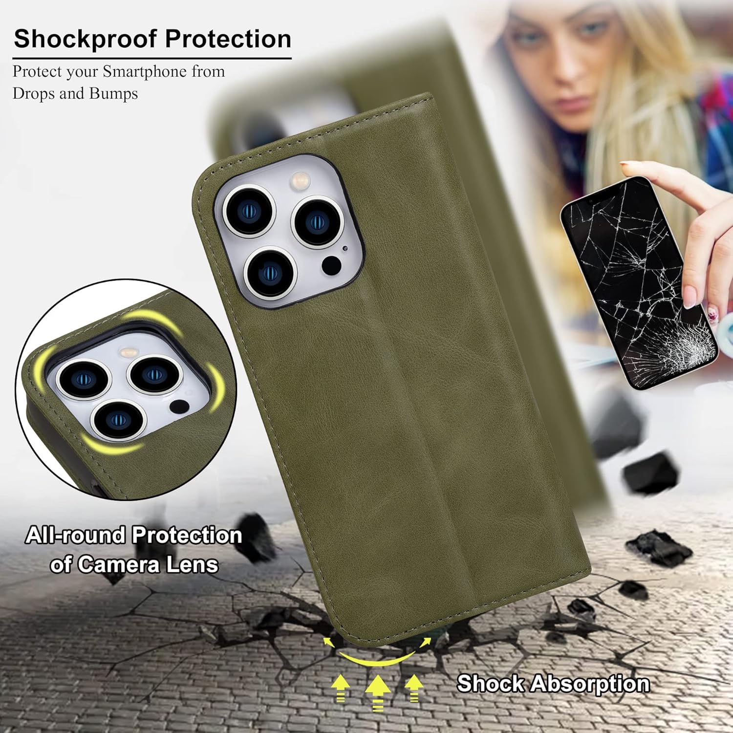 VISOUL Leather Case for iPhone 15 Pro Max, Genuine Leather Wallet Case with Card Slots Kickstand Shockproof Protective Folio Cover Compatible with iPhone 15 Pro Max 6.7"(Green)