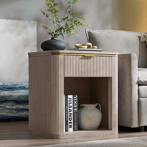 Miniatura 6 de T4TREAM Mesita de noche grande de mediados de siglo con cajón, mesa auxiliar, mesita de noche para dormitorio, sala de estar (blanco aliso)