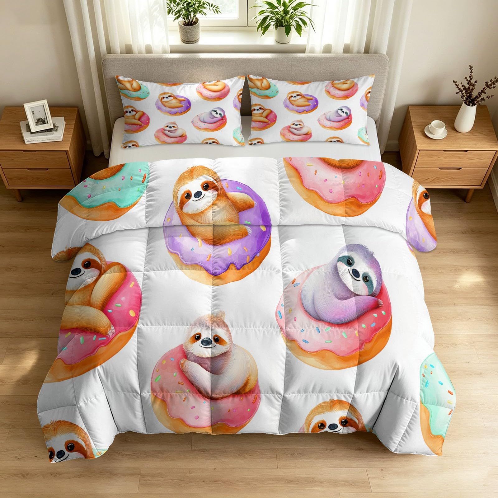 Generisch Piumino da 135 x 200 cm, con bradipo e ciambella, utilizzabile per 4 stagioni, senza rivestimento, soffice e morbido, divertente trapunta per tutto l'anno, lavabile con federa