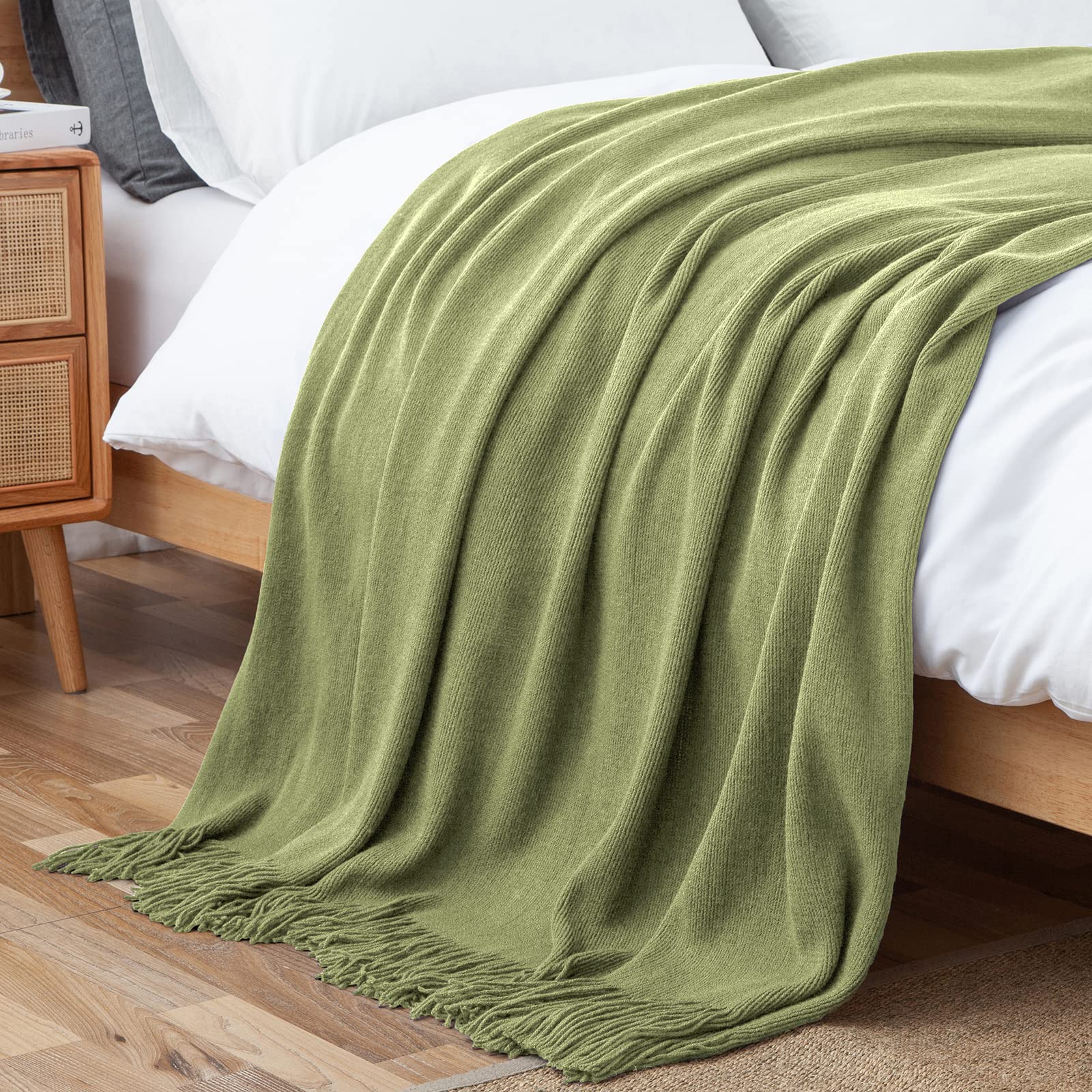 Vonty Coperta lavorata a maglia verde salvia con nappe frange 127 x 152,4 cm, coperta in maglia super morbida, decorativa per divano, letto