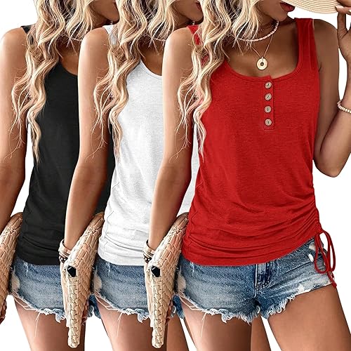 KILISU 3 Pack Women Tank Tops U Neck Summer Casual Sleeveless Loose Button Casual Henley Shirts