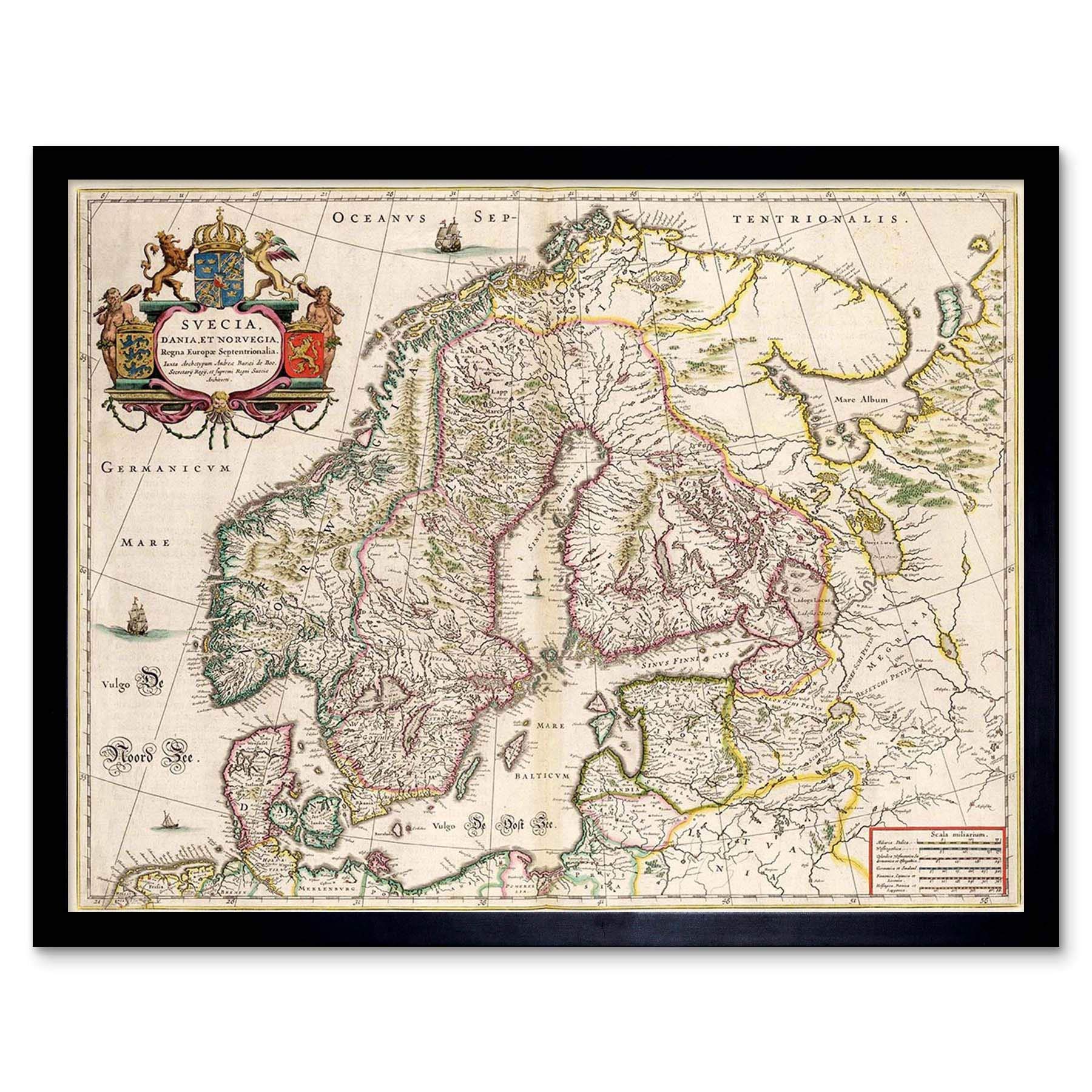 Wee Blue Coo Map Antique Scandinavia Norway Sweden Finland Art Print Framed Poster Wall Decor 12X16 Inch