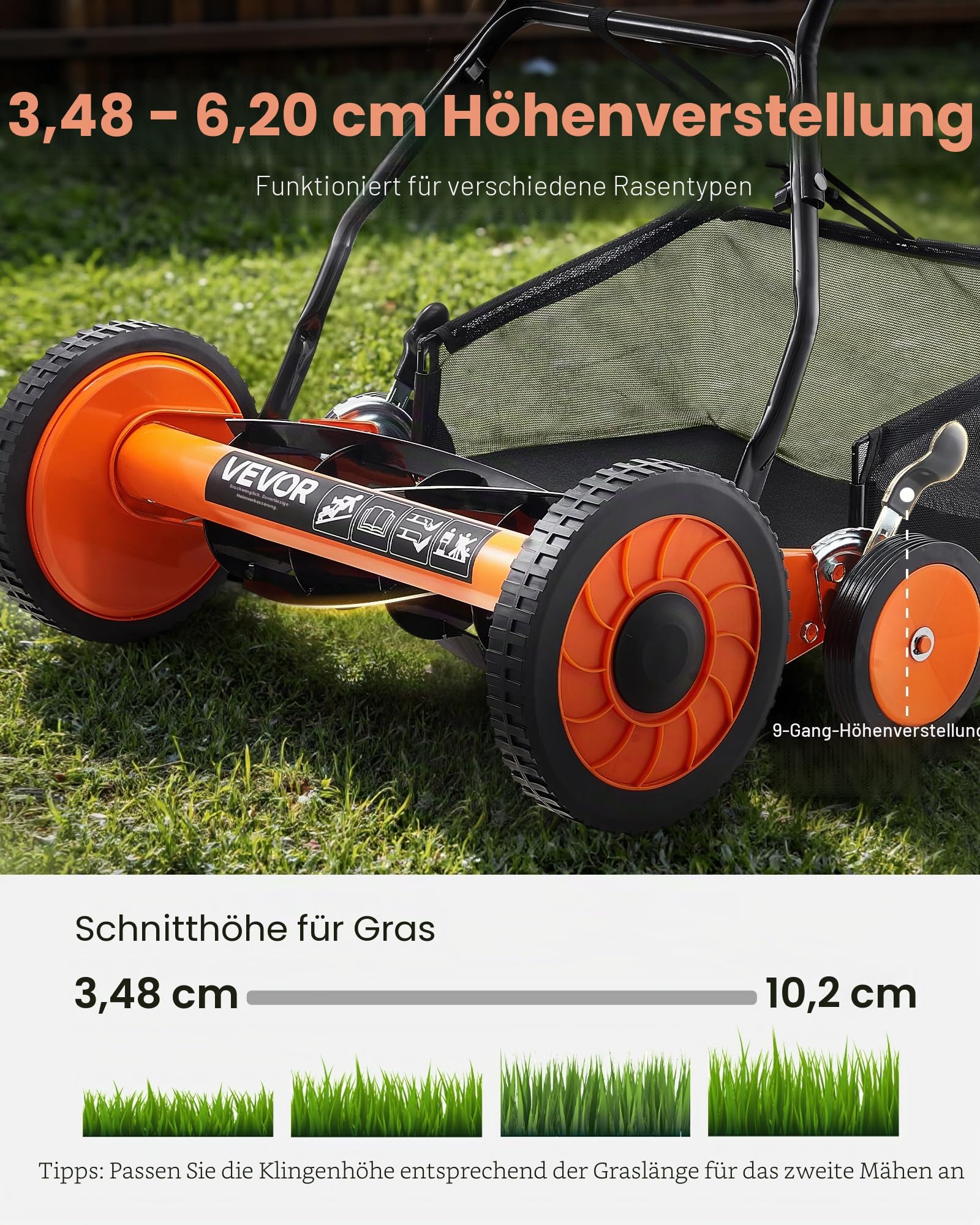 VEVOR Spindelmäher mit 450 mm Schnittbreite, Rasenmäher Schnitthöhe von 35 bis 62 mm, Handmäher mit 5 Klingen und Grasfangsack, Ideal für grüne Rasenflächen, Einfahrten, Innenhöfe