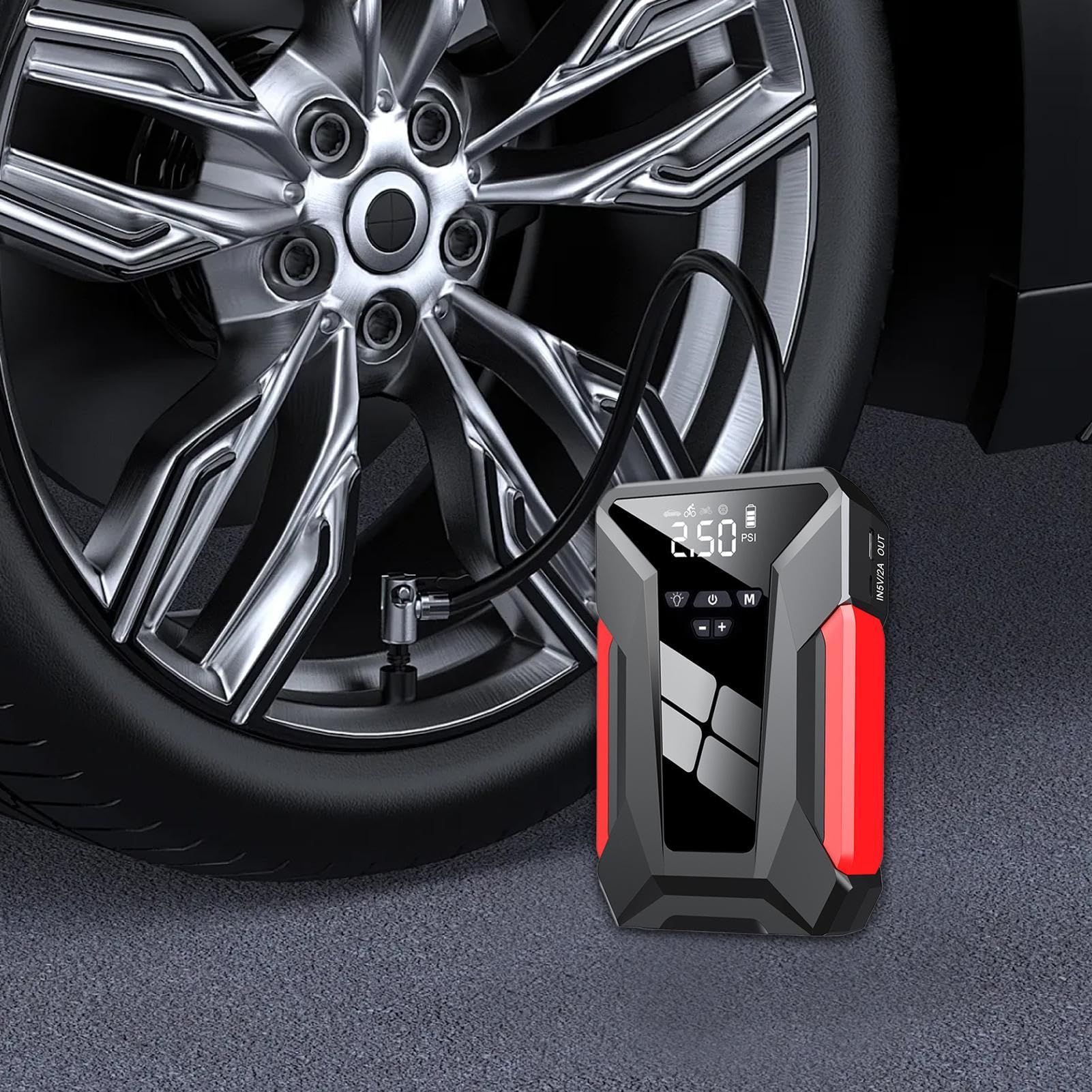 Avviatore Di Emergenza Per Batteria Auto Caricabatterie da Scatola | Alimentatore Auto a Lunga Durata con Accessorio Gonfia Pneumatici per Viaggi e Emergenze