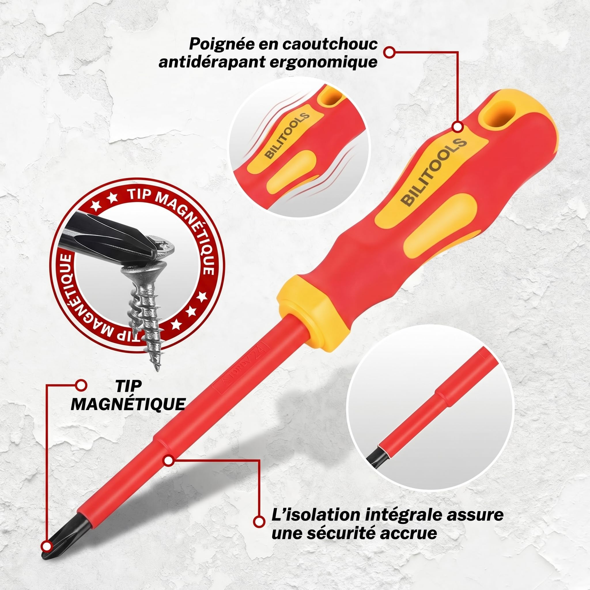 BILITOOLS Tournevis Électricien VDE 1000V 12 Pièces avec Pinces | Kit Outils Électricien Professionnel Isolé avec Poignées Antidérapantes, Pointes Magnétiques, Tournevis et Pinces