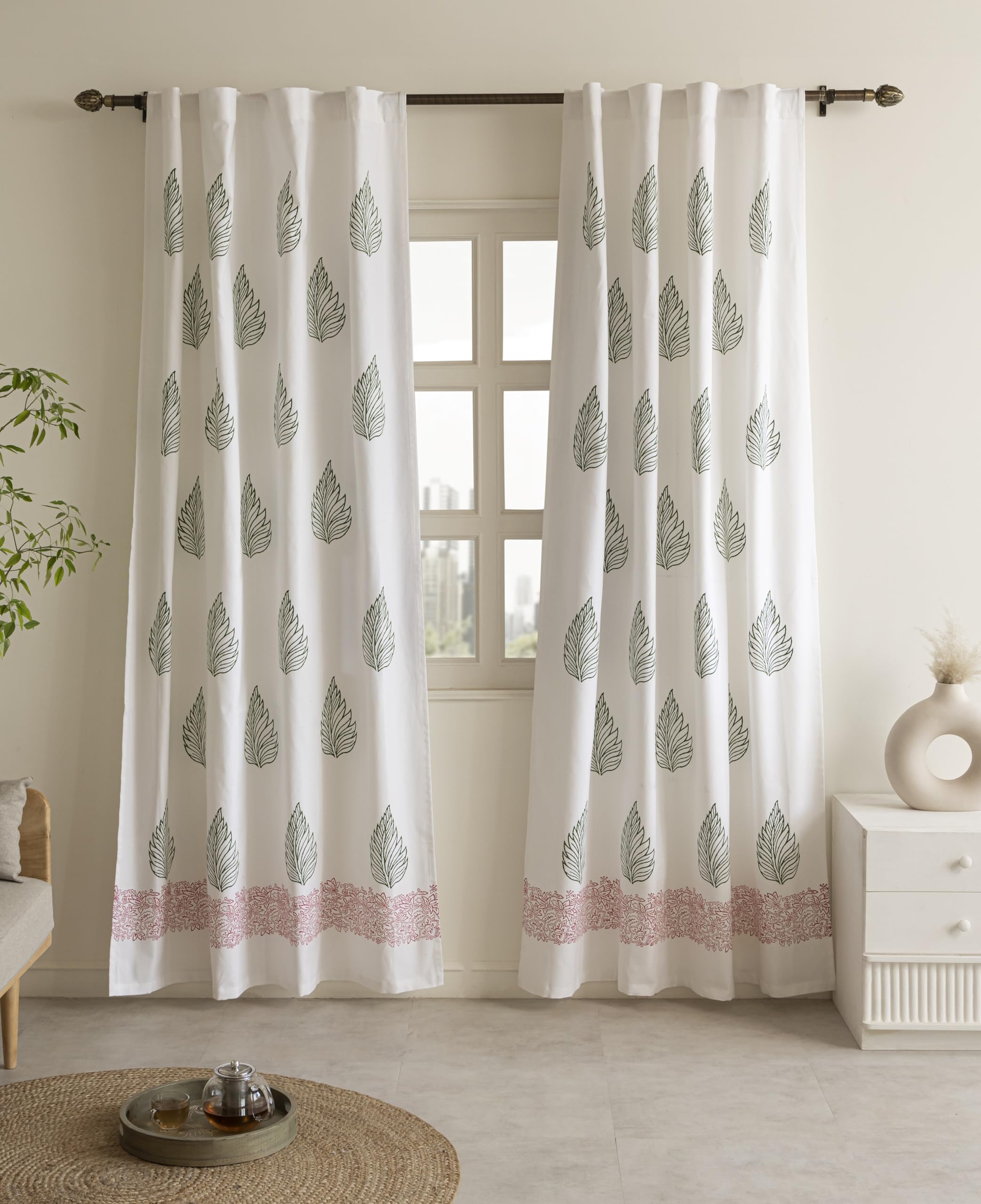 THE LINEN COMPANY Printed Curtains 9 Feet Long, Duck Canvas Cotton Leaf Curtains for Hall, 9ft Set of 2, Green Leaf discount deal