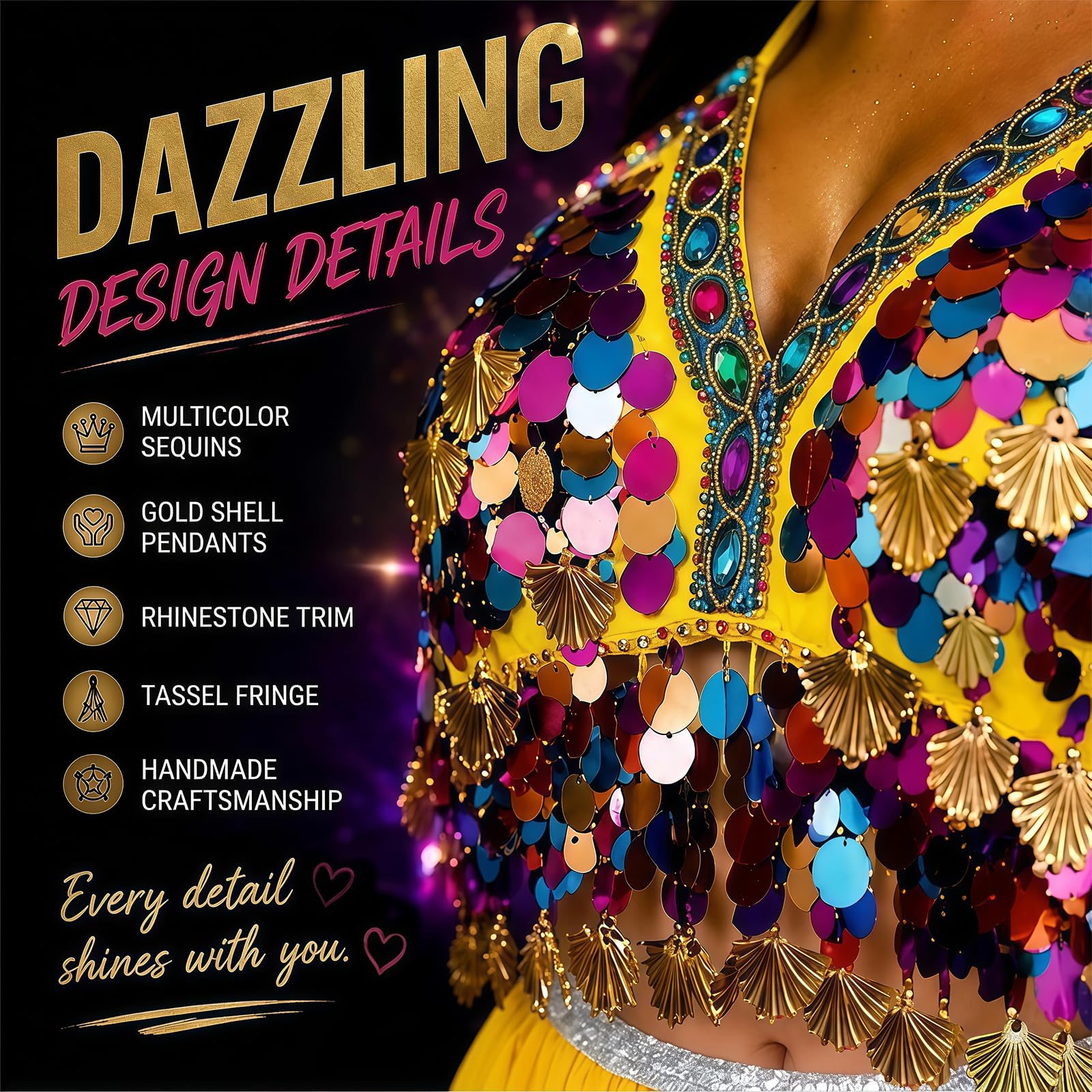 Baisdan Women's Belly Dance Sequin Halter Top with Gold Shell Tassels, Festival Outfit for Rave Carnivals - Image 5