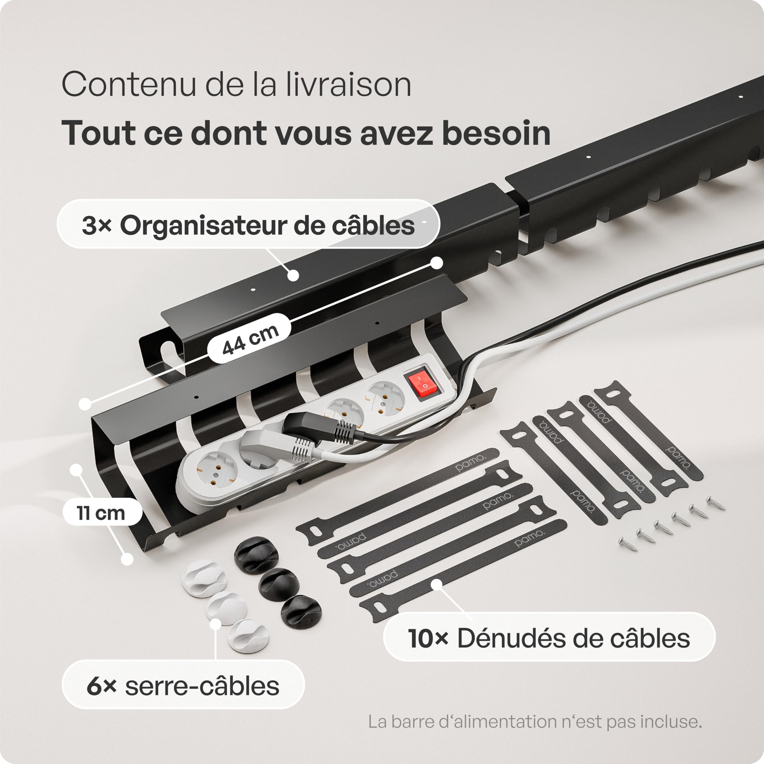 PAMO Gestion des câbles sous Le Bureau pour Un Montage Facile sous la Table I avec 10 Attaches de câble I Organiseur de pour Bureau ou à Domicile | Support de Plateau de câbles Bien