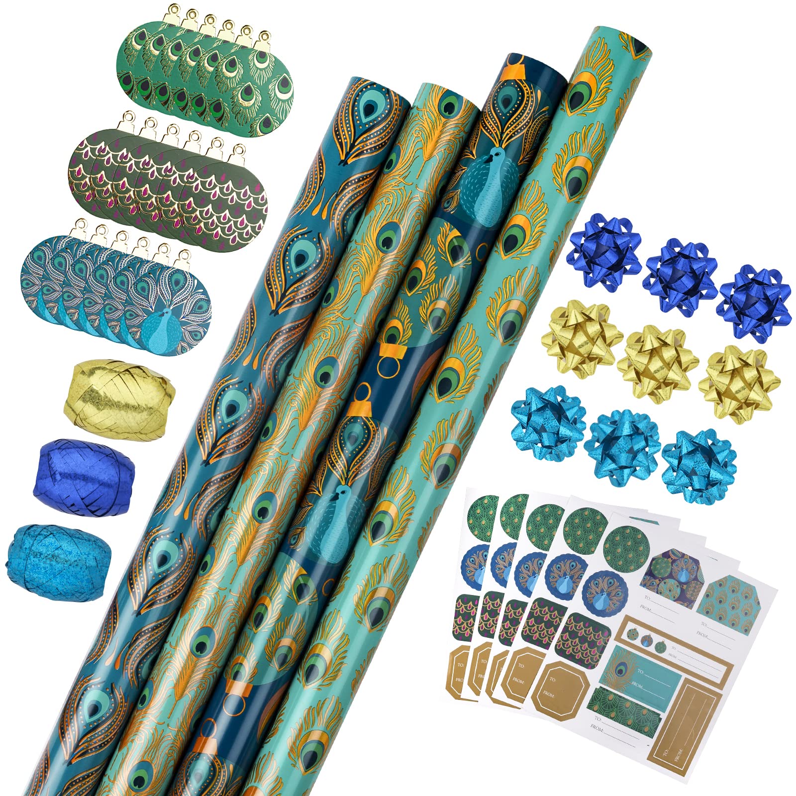 WRAPAHOLIC Peacock Christmas Wrapping Paper Set - Green Peacock Elements Patterns with Metallic Foil Shine Wrapping Paper Bundle with Gift Bow &
