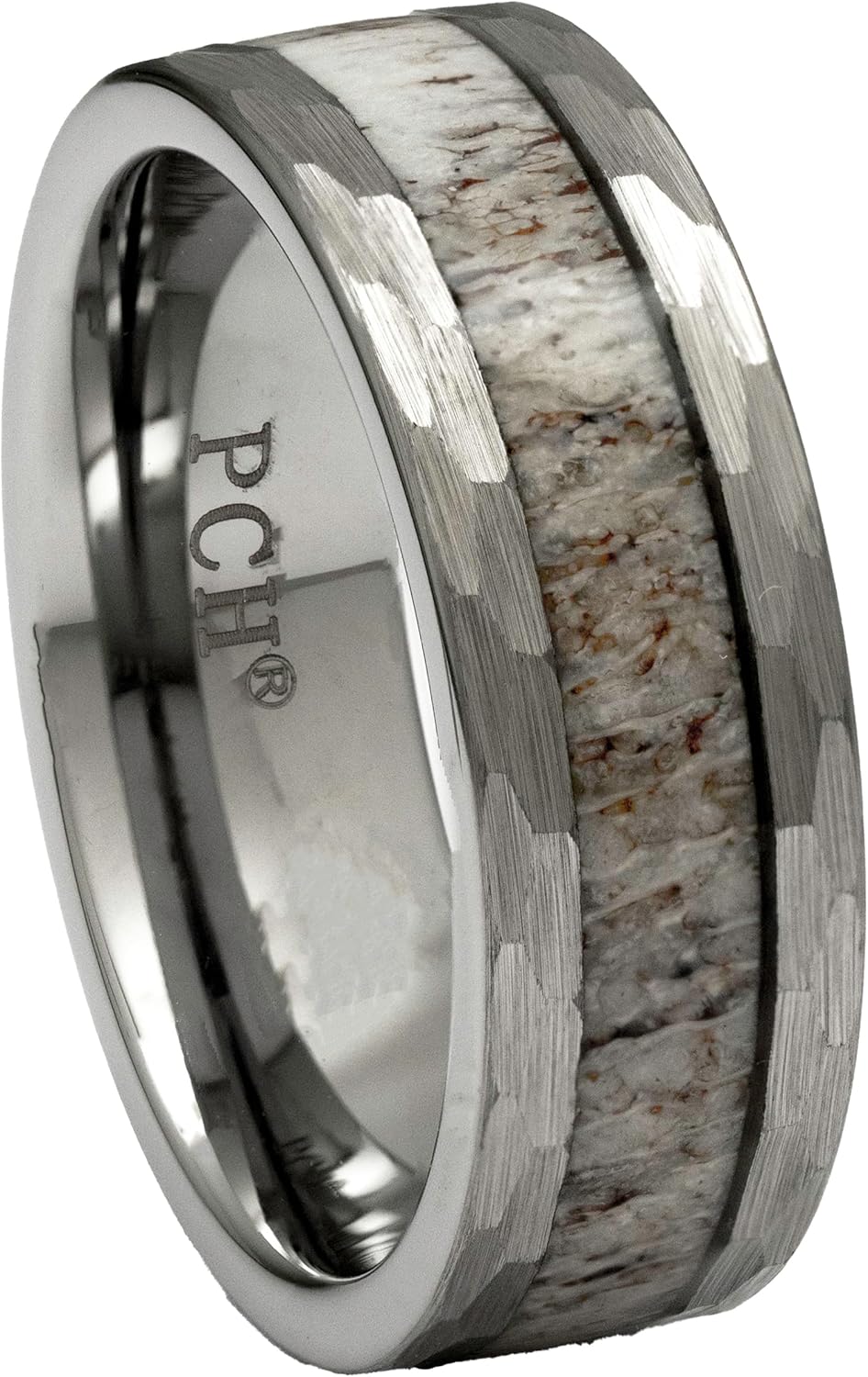 Men's Tungsten Deer Antler With Ring Hammered Finish 8mm Comfort Fit Wedding Band