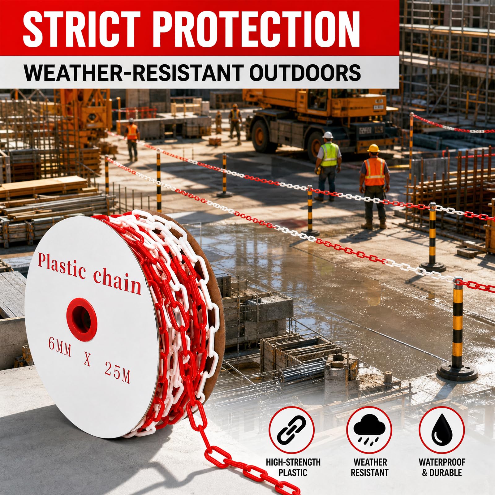 Chaîne de sécurité en plastique rouge et blanc, 50 m, chaîne d'avertissement de 6 mm | Chaîne en plastique avec crochet en S rouge et blanc pour chantier, parking et entretien des commandes