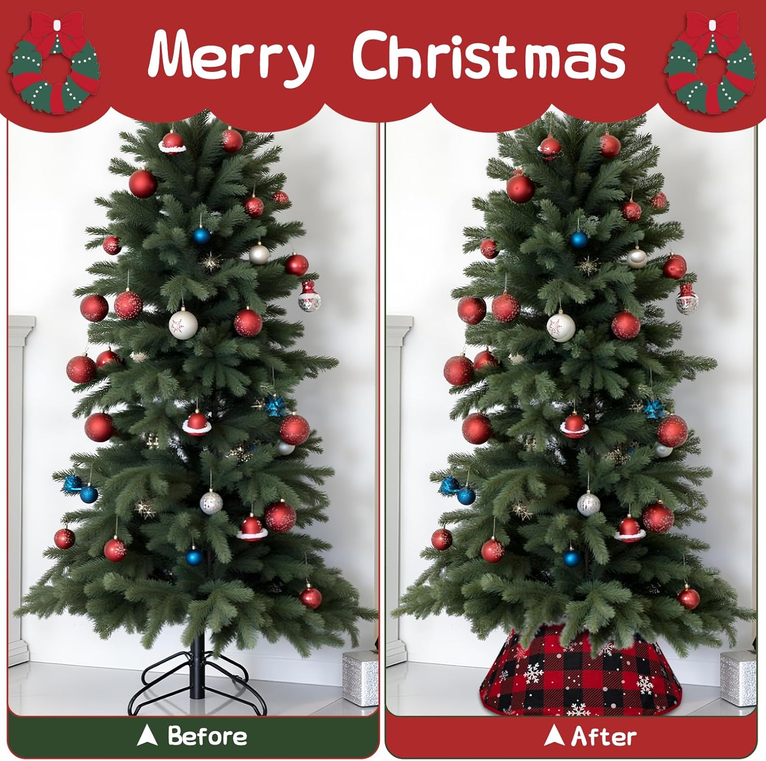 Christmas Tree Collar - 25.6" x 9.8" Patterned Tree Skirt/Base Collars, Foldable Red Plaid Xmas Christmas Tree Stand Cover for Holiday New Year Party Decoration