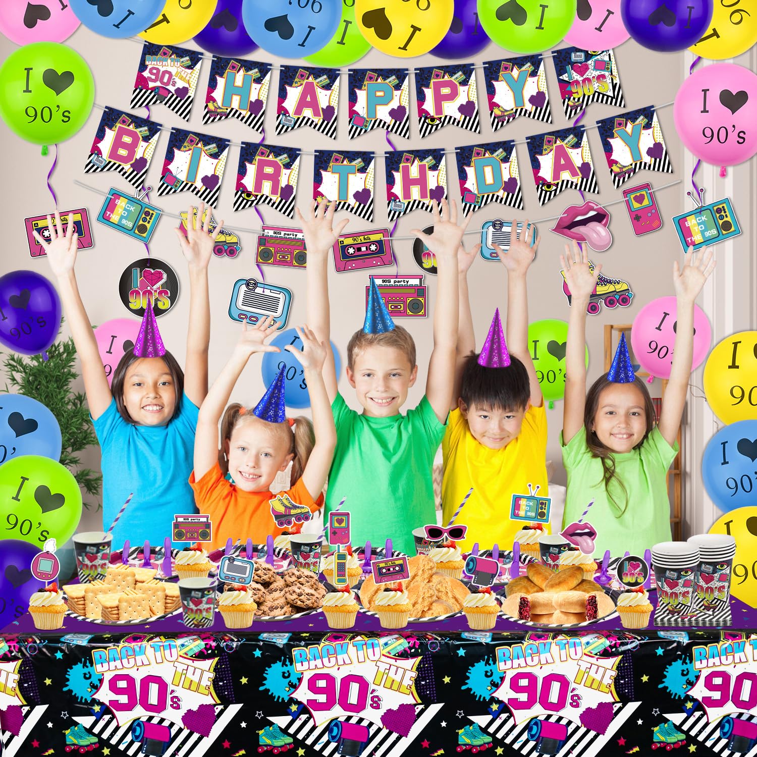 Jaren '90 Feestdecoratieset – Voor 20 Personen – Borden, Bekers, Servetten, Ballonnen, Slingers, Banner – Retro Themafeest